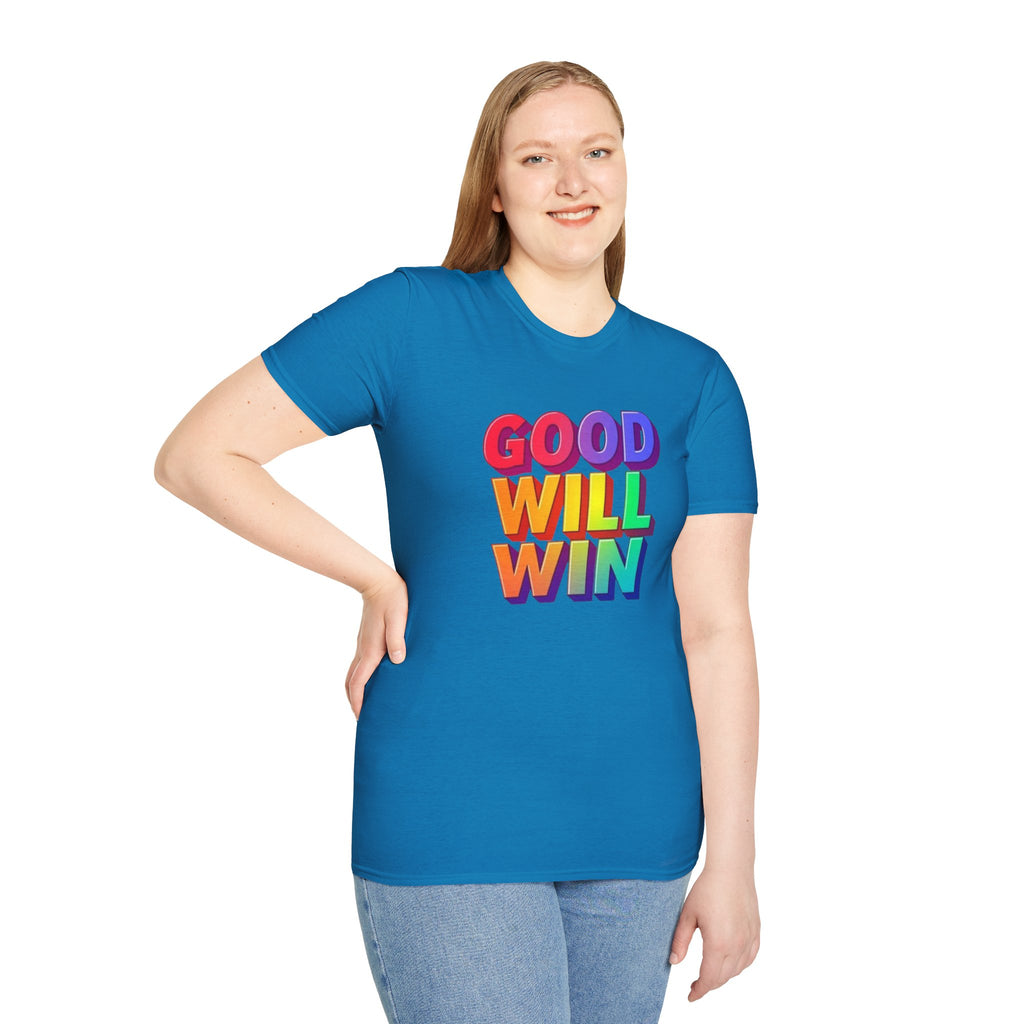 Camiseta unisex de estilo suave con mensaje positivo "Arcoíris, buena voluntad, triunfo"