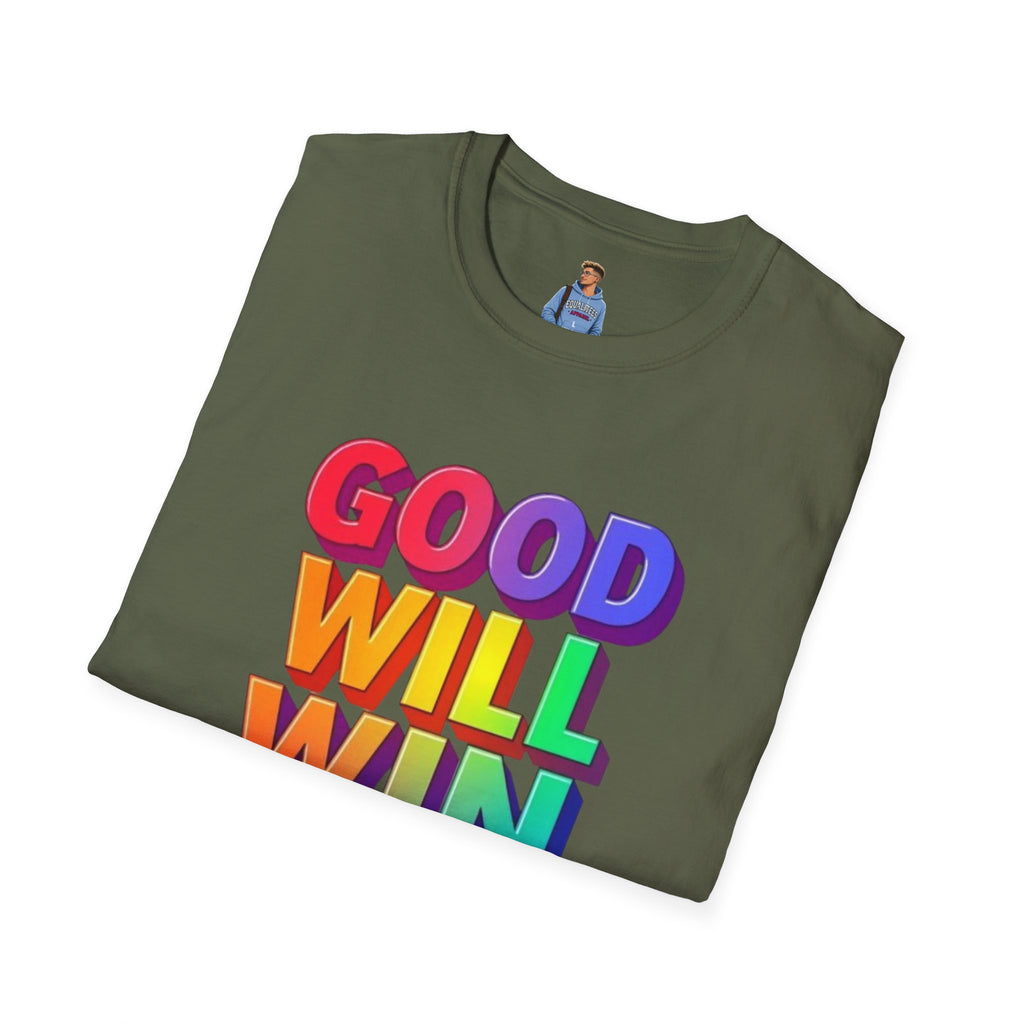Camiseta unisex de estilo suave con mensaje positivo "Arcoíris, buena voluntad, triunfo"
