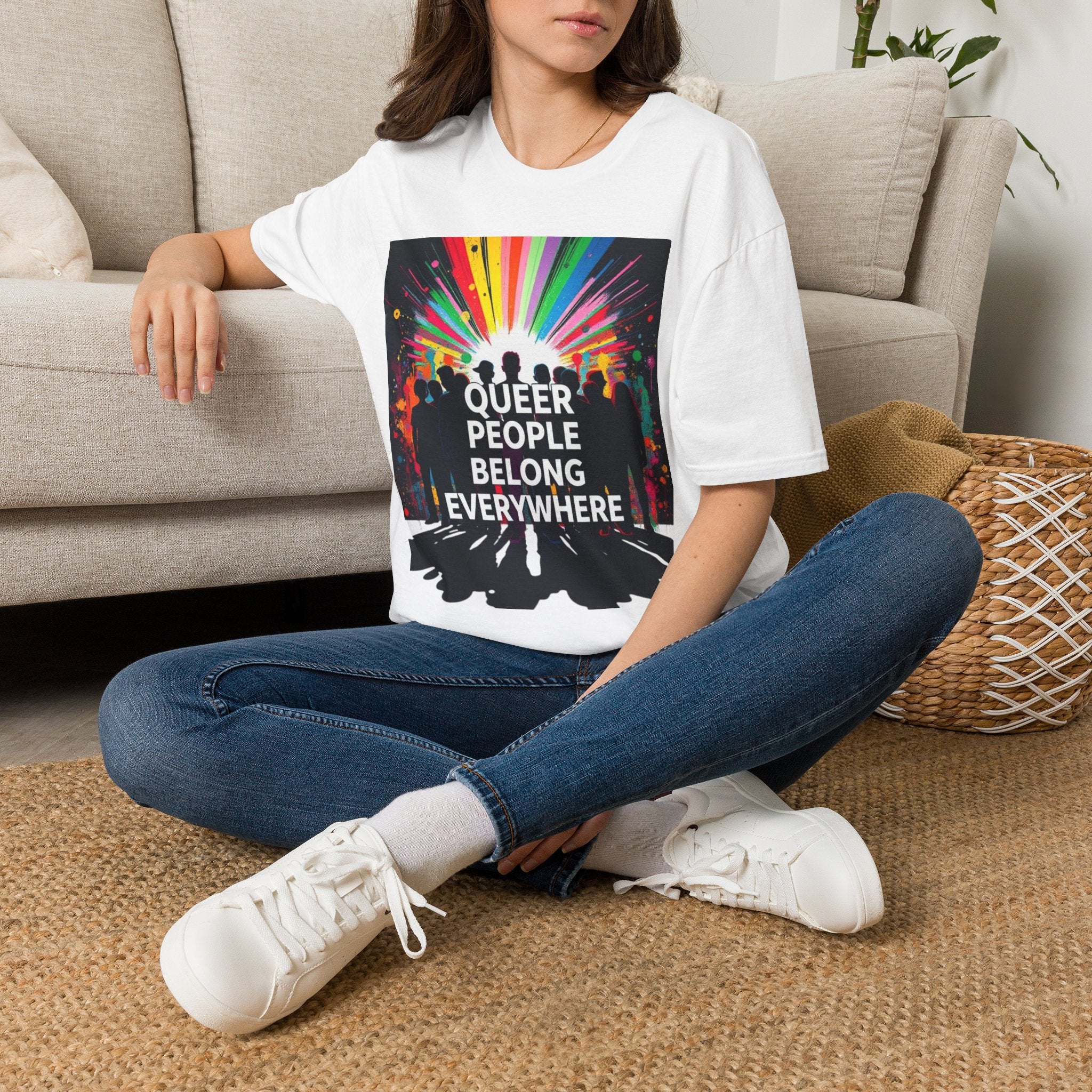 Unisex Softstyle T-Shirt - 'Queer People Belong Everywhere' Pride Graphic Tee