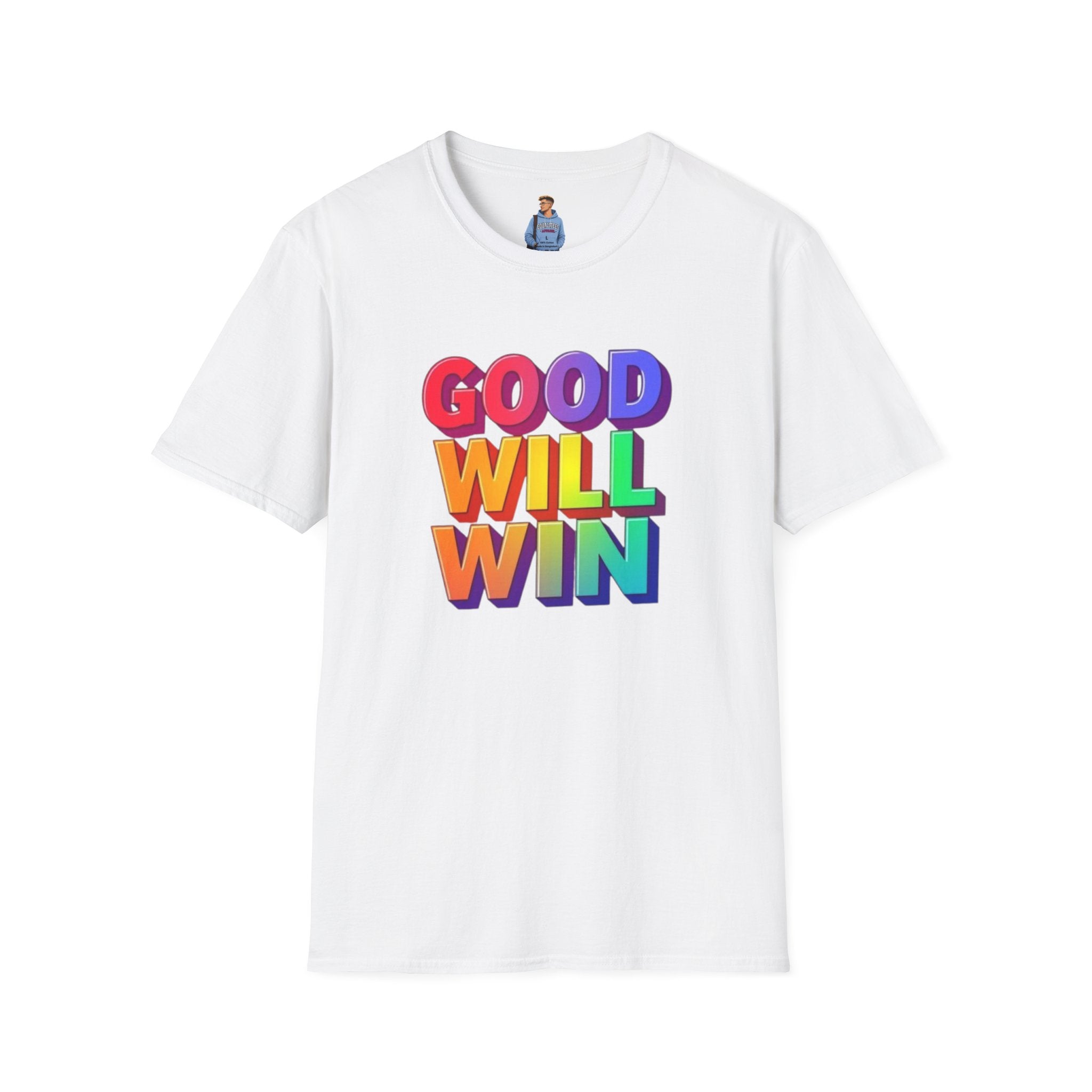 Camiseta unisex de estilo suave con mensaje positivo "Arcoíris, buena voluntad, triunfo"