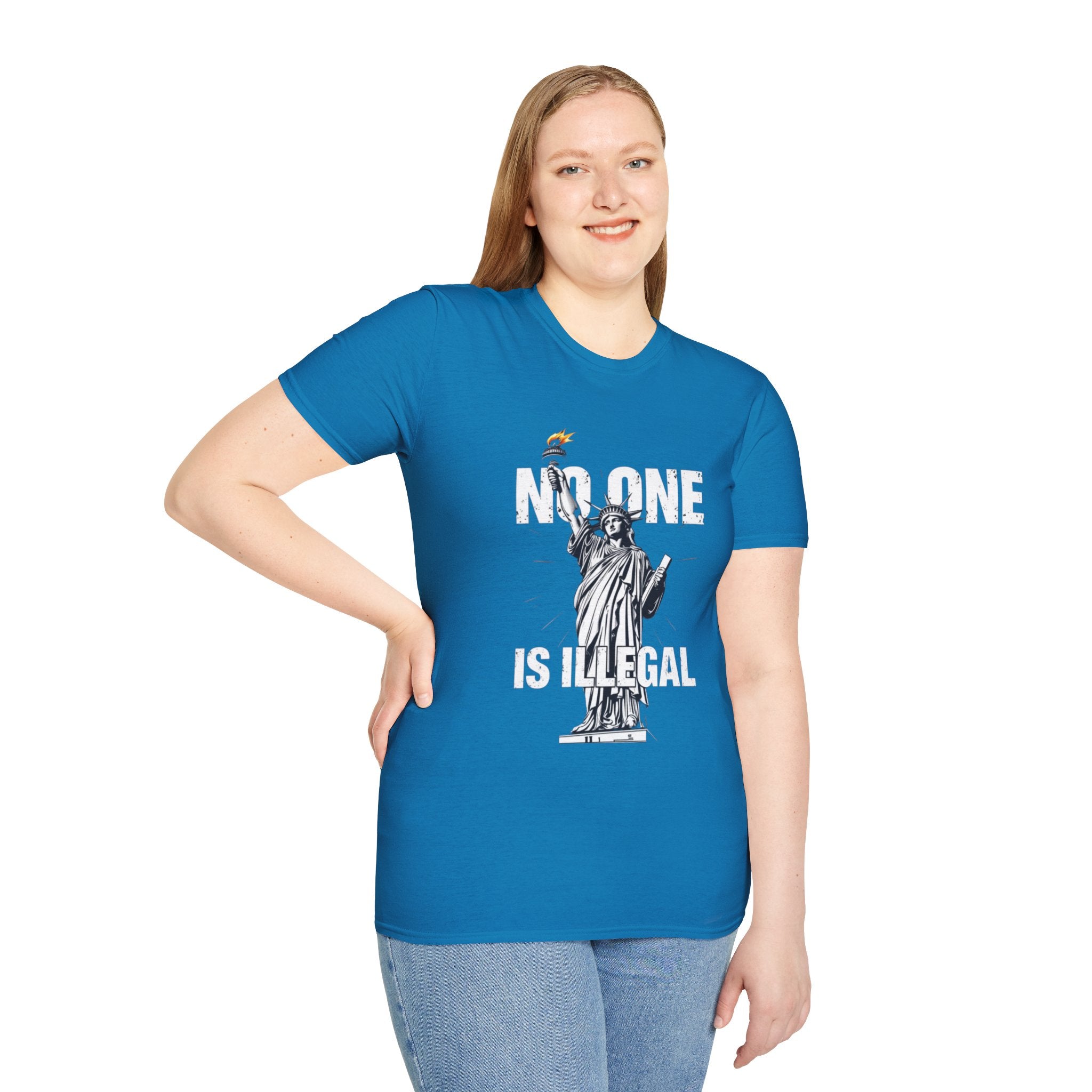 Camiseta unisex de estilo suave: camiseta gráfica con el lema "Nadie es ilegal" para defensores de la justicia social