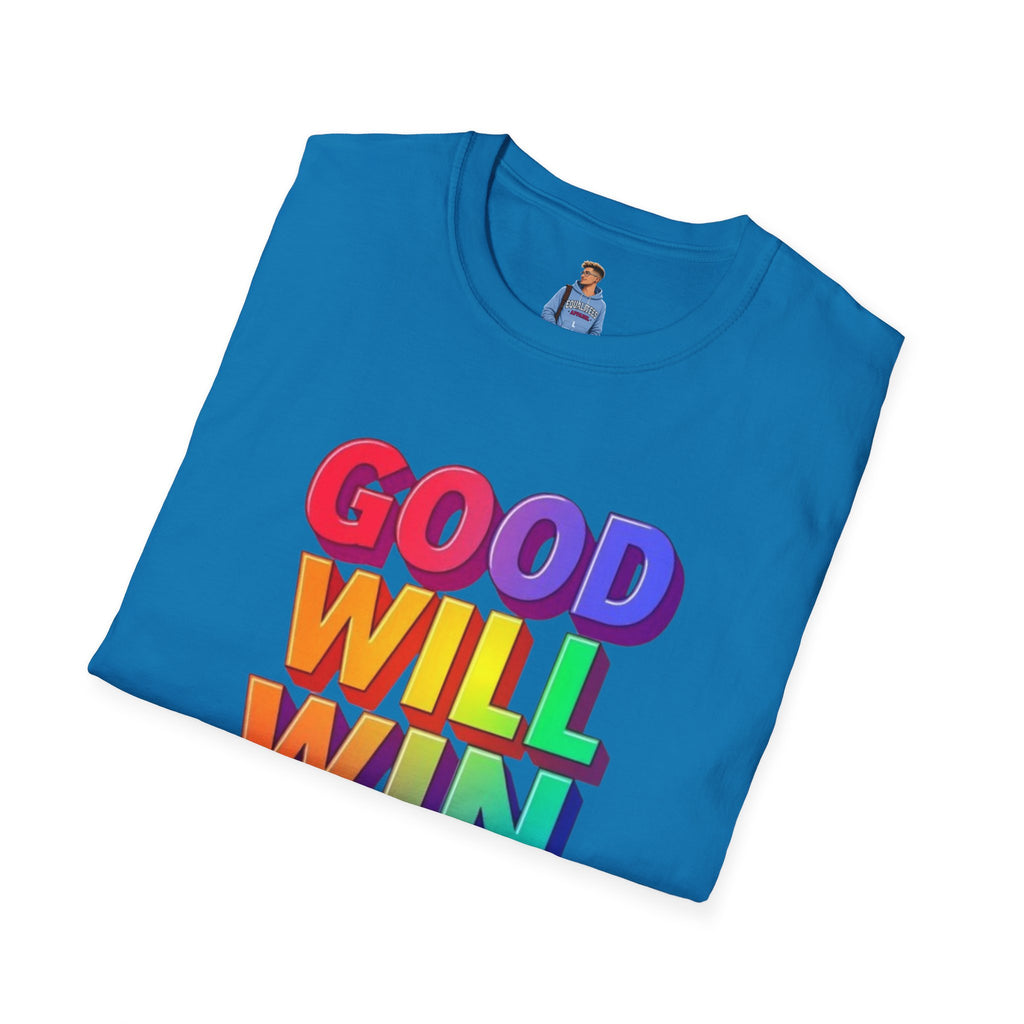 Camiseta unisex de estilo suave con mensaje positivo "Arcoíris, buena voluntad, triunfo"