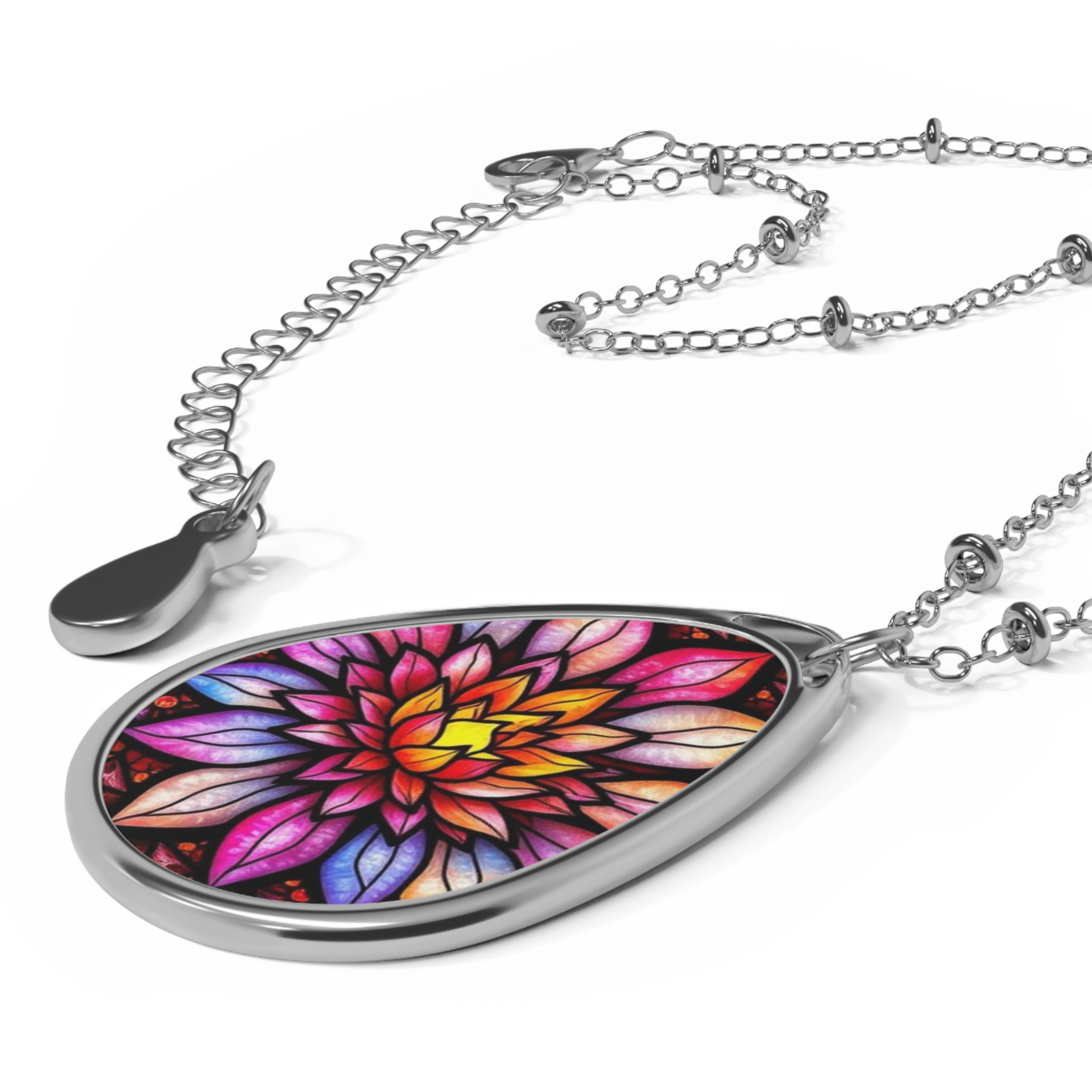 Stained-Glass Water Lily Teardrop Pendant Necklace