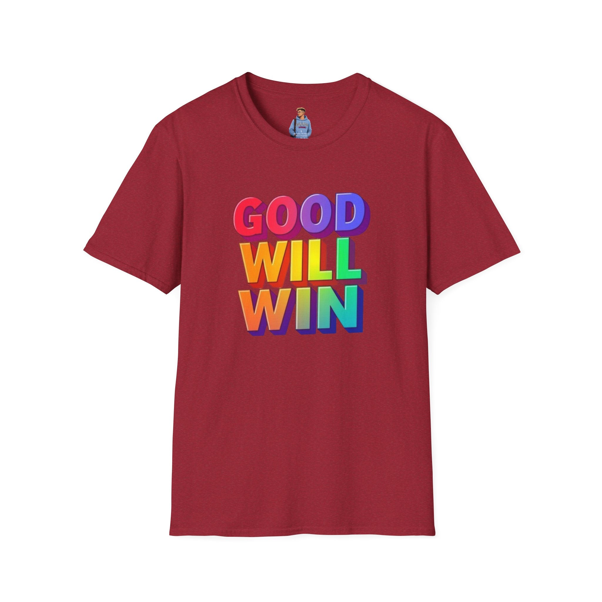 Camiseta unisex de estilo suave con mensaje positivo "Arcoíris, buena voluntad, triunfo"