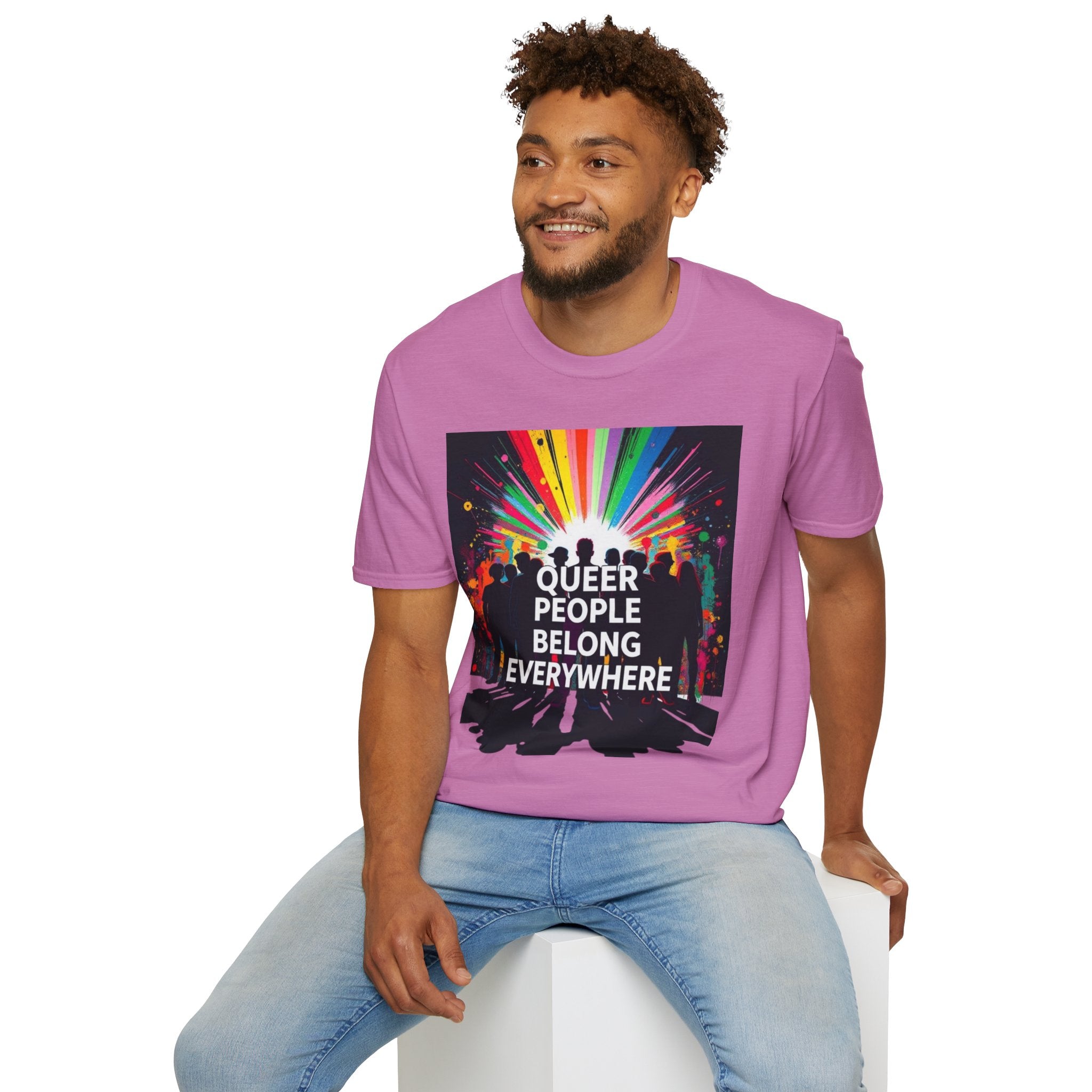 Unisex Softstyle T-Shirt - 'Queer People Belong Everywhere' Pride Graphic Tee