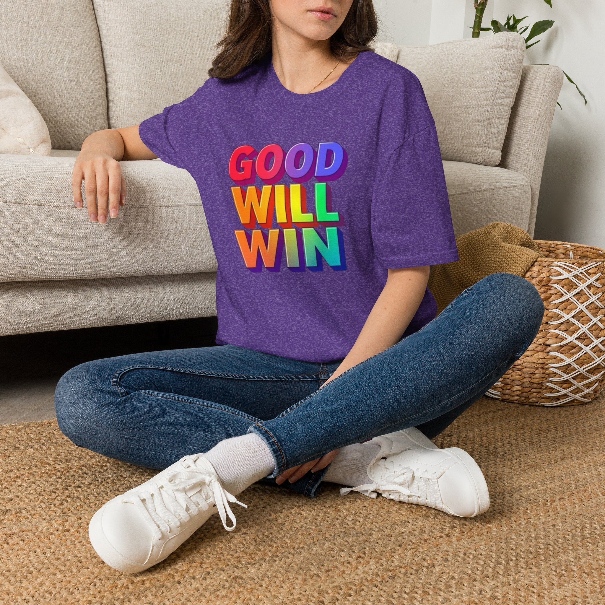 Camiseta unisex de estilo suave con mensaje positivo "Arcoíris, buena voluntad, triunfo"