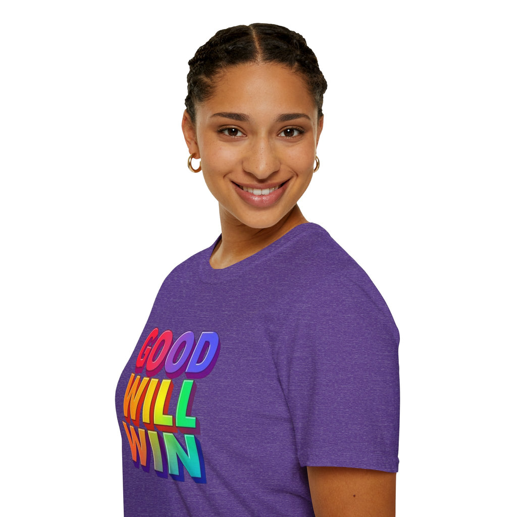 Camiseta unisex de estilo suave con mensaje positivo "Arcoíris, buena voluntad, triunfo"