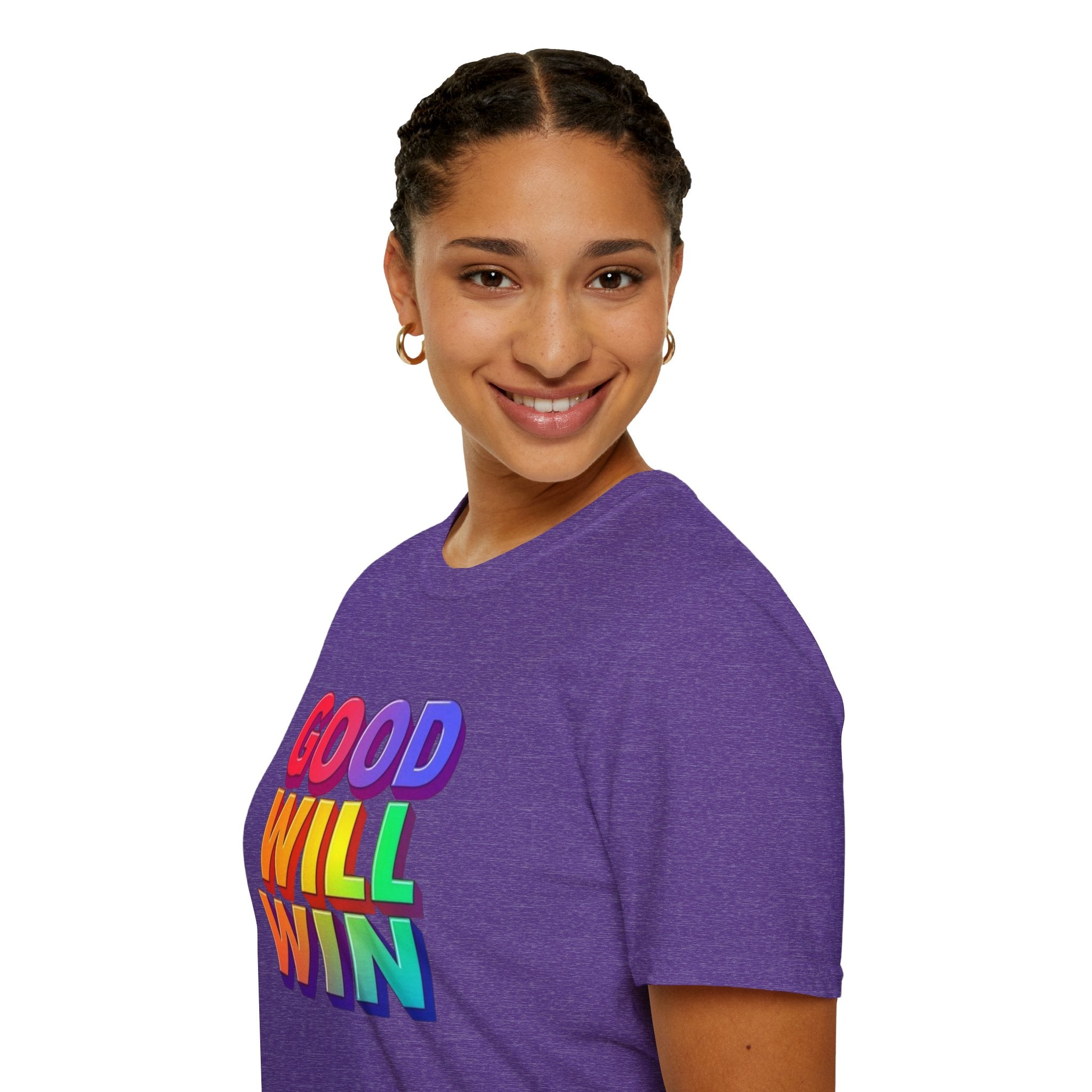 Camiseta unisex de estilo suave con mensaje positivo "Arcoíris, buena voluntad, triunfo"