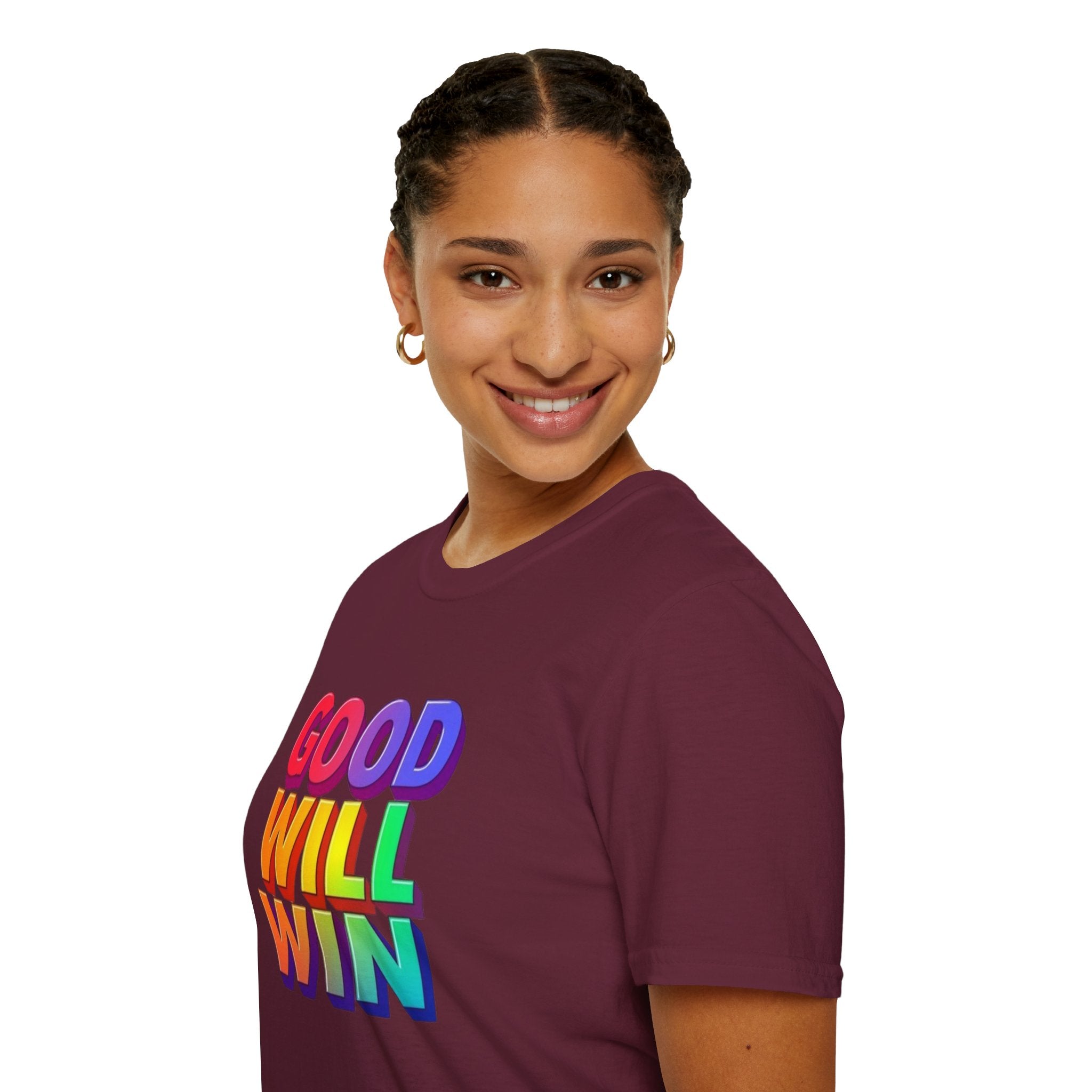 Camiseta unisex de estilo suave con mensaje positivo "Arcoíris, buena voluntad, triunfo"