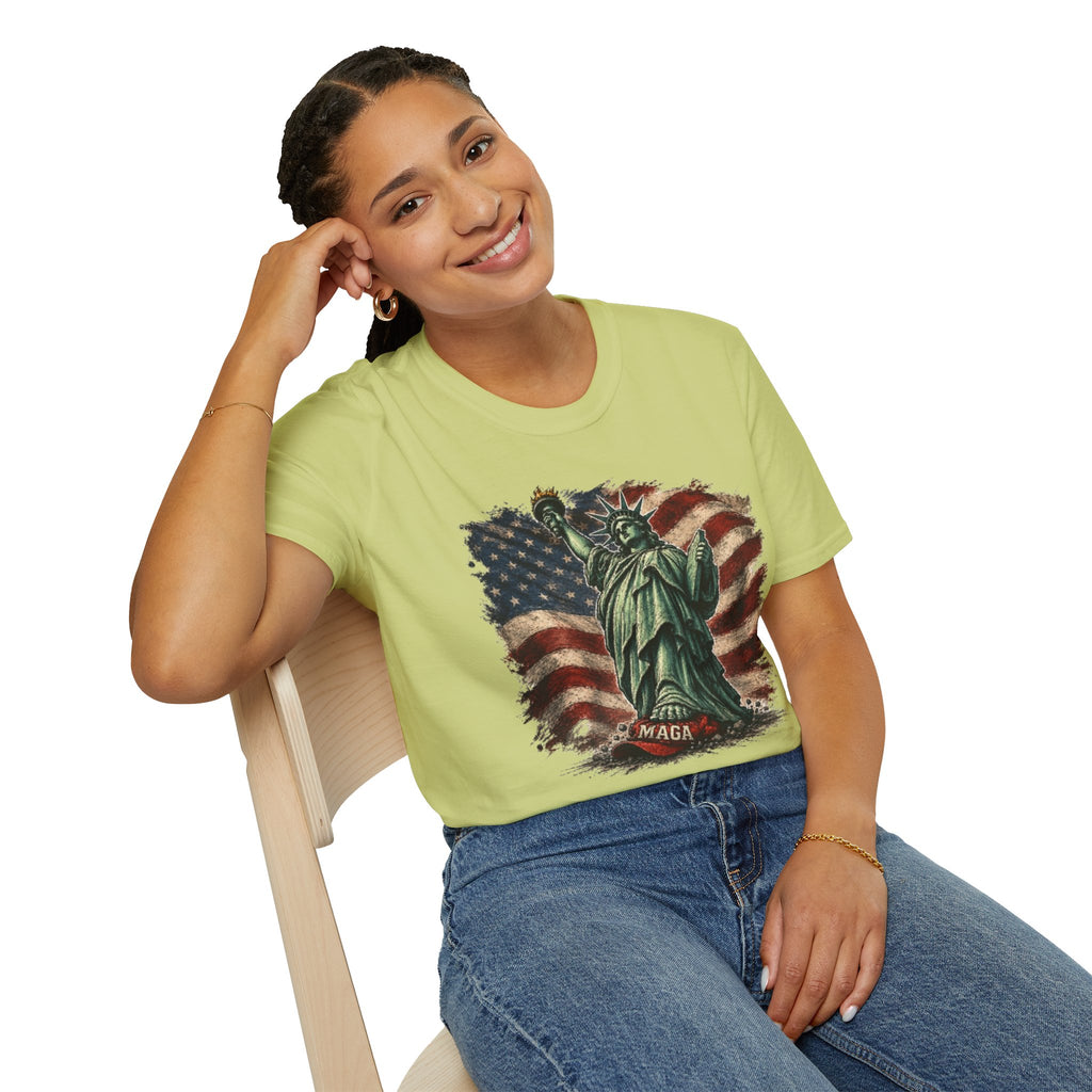 Statue of Liberty Stepping on MAGA American Flag T-Shirt — Patriotic USA Independence Day Tee