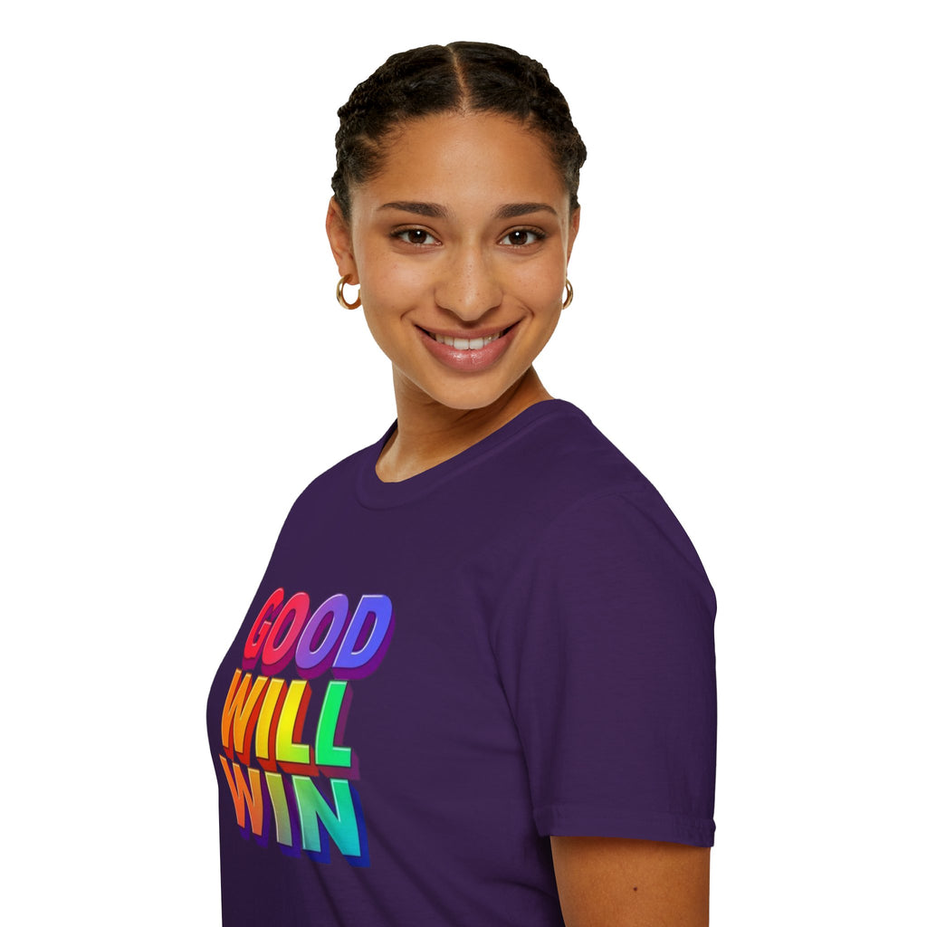 Camiseta unisex de estilo suave con mensaje positivo "Arcoíris, buena voluntad, triunfo"