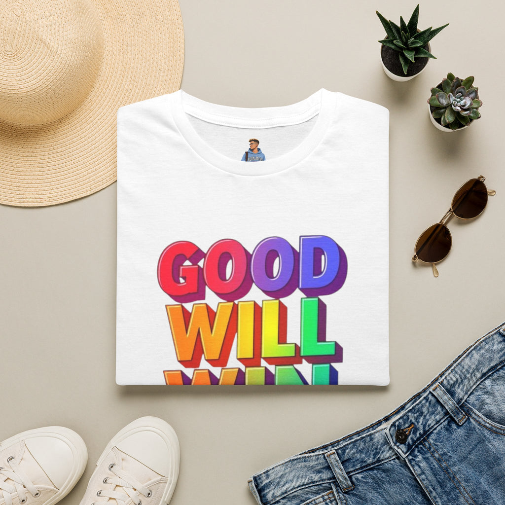 Camiseta unisex de estilo suave con mensaje positivo "Arcoíris, buena voluntad, triunfo"