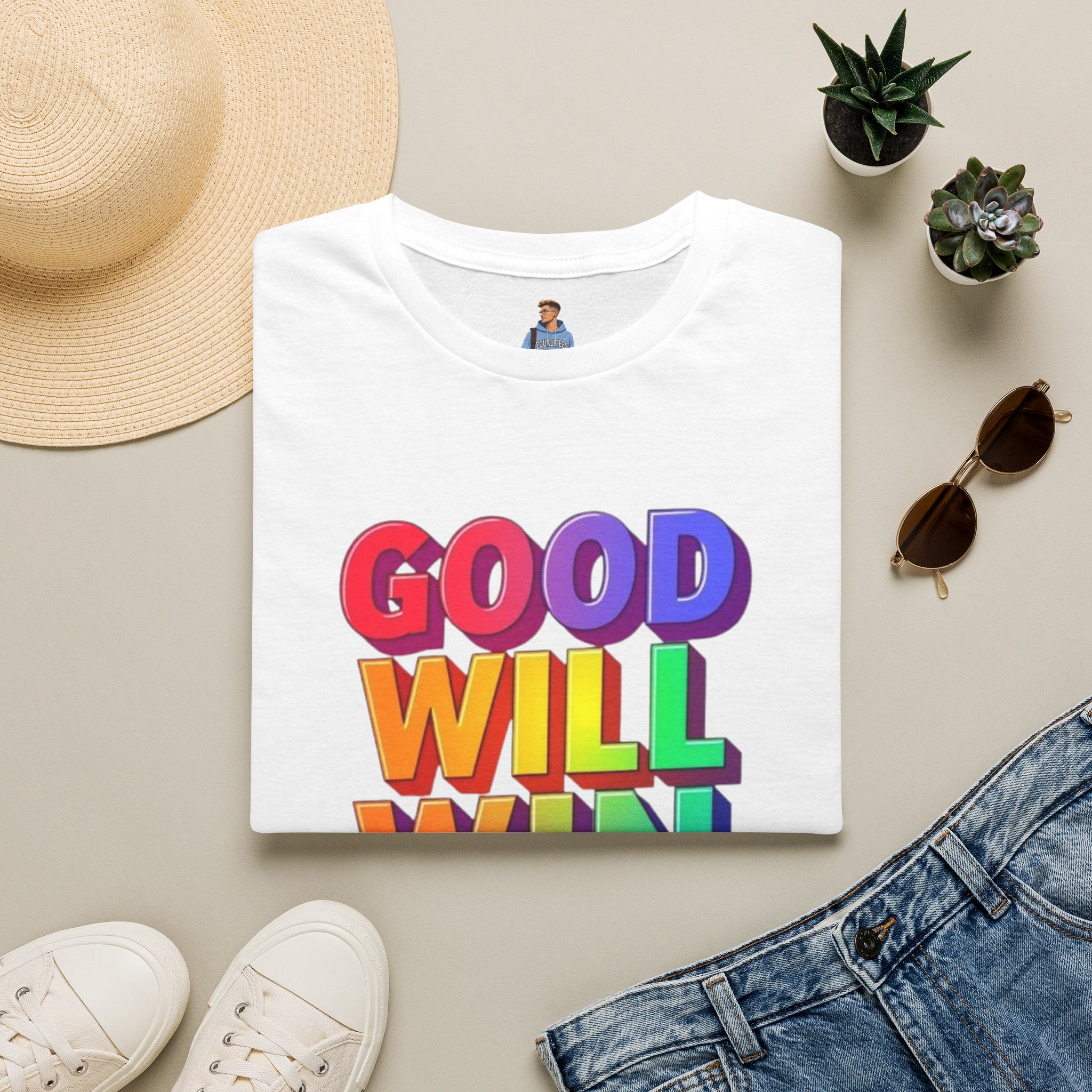 Camiseta unisex de estilo suave con mensaje positivo "Arcoíris, buena voluntad, triunfo"