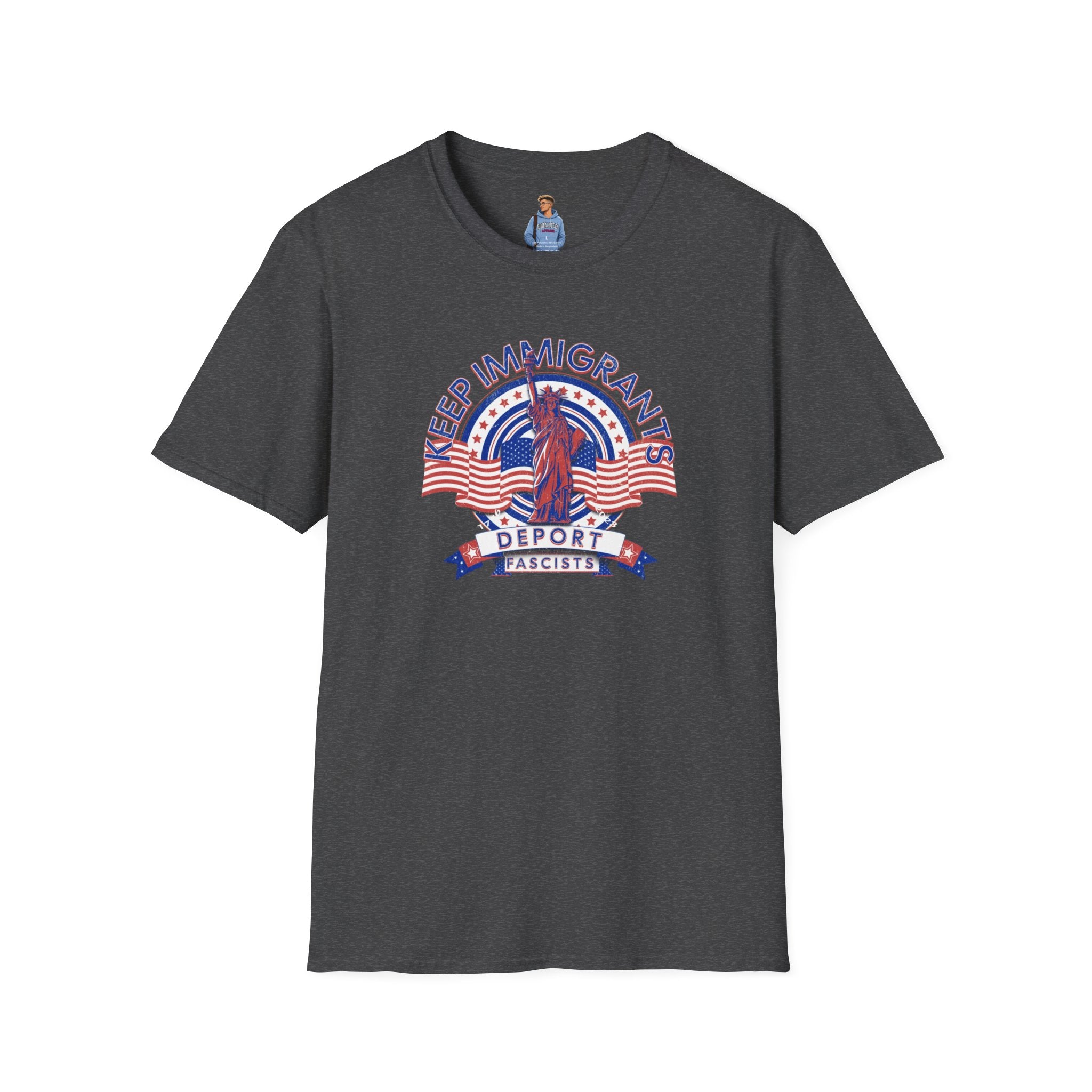Camiseta unisex Patriota estadounidense: Mantengamos a los inmigrantes y deportemos a los fascistas: celebremos la libertad y la diversidad