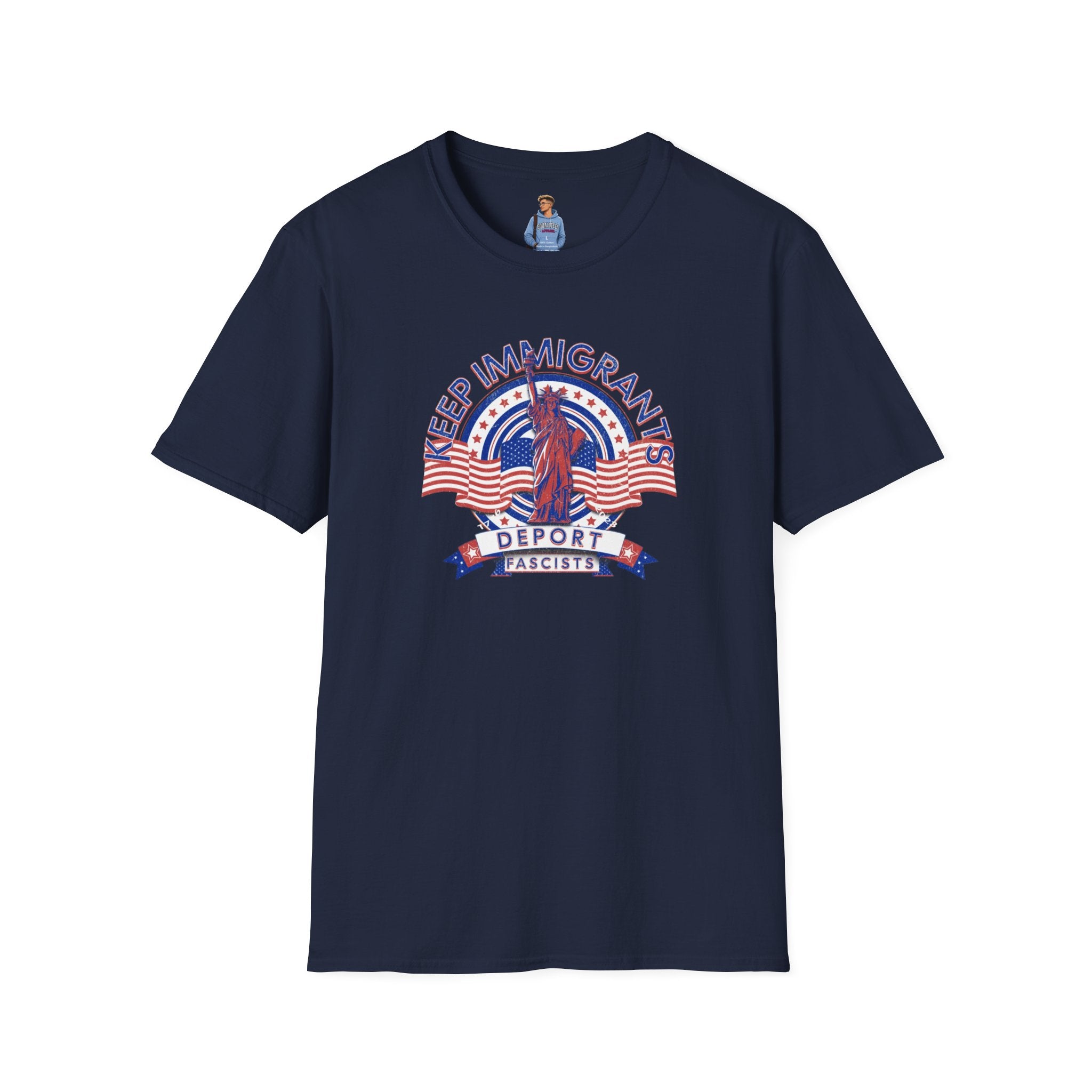 Camiseta unisex Patriota estadounidense: Mantengamos a los inmigrantes y deportemos a los fascistas: celebremos la libertad y la diversidad