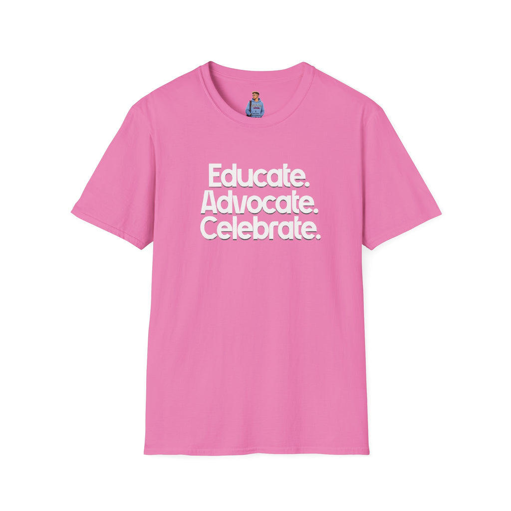 Educate. Advocate. Celebrate. Minimalist Pride T-Shirt