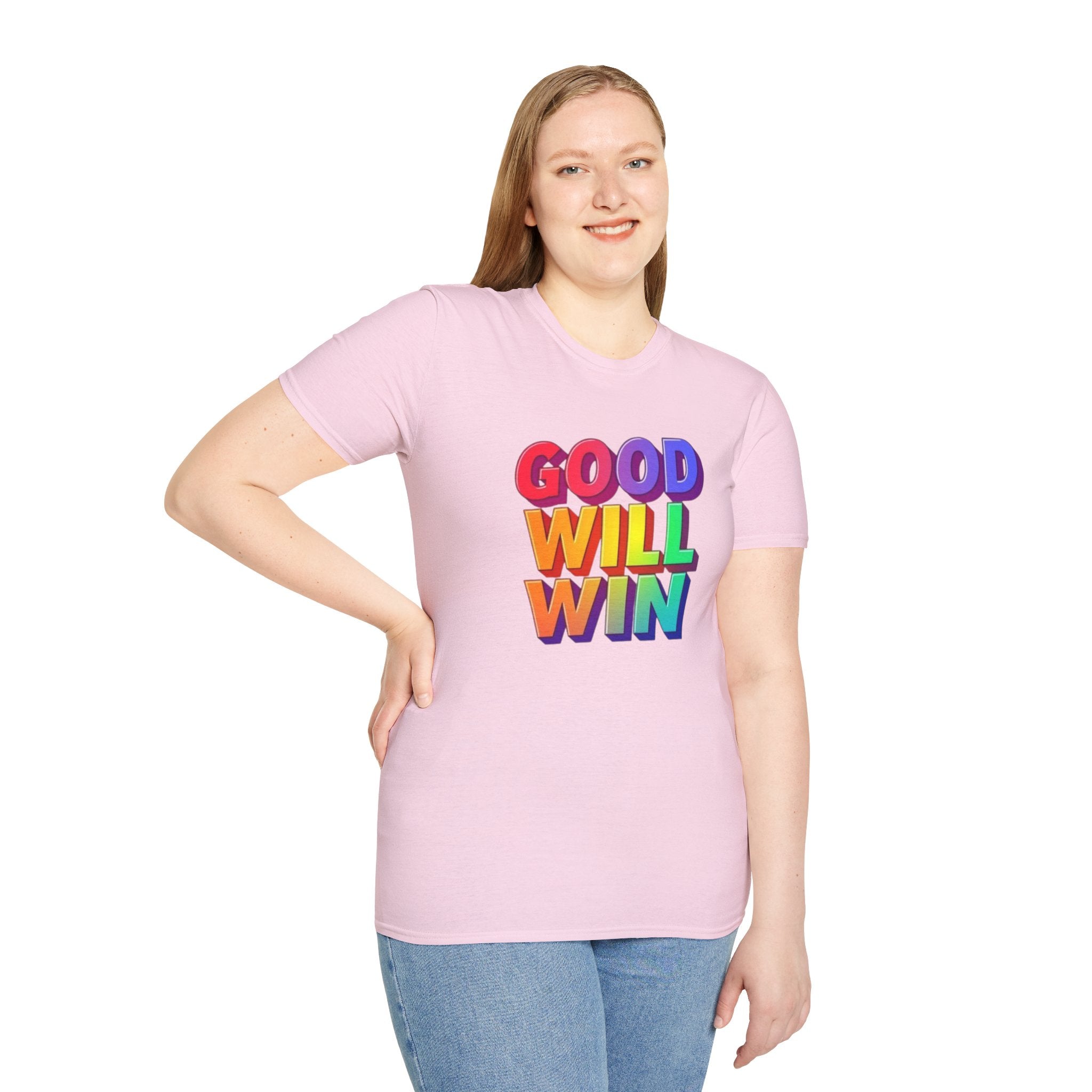 Camiseta unisex de estilo suave con mensaje positivo "Arcoíris, buena voluntad, triunfo"