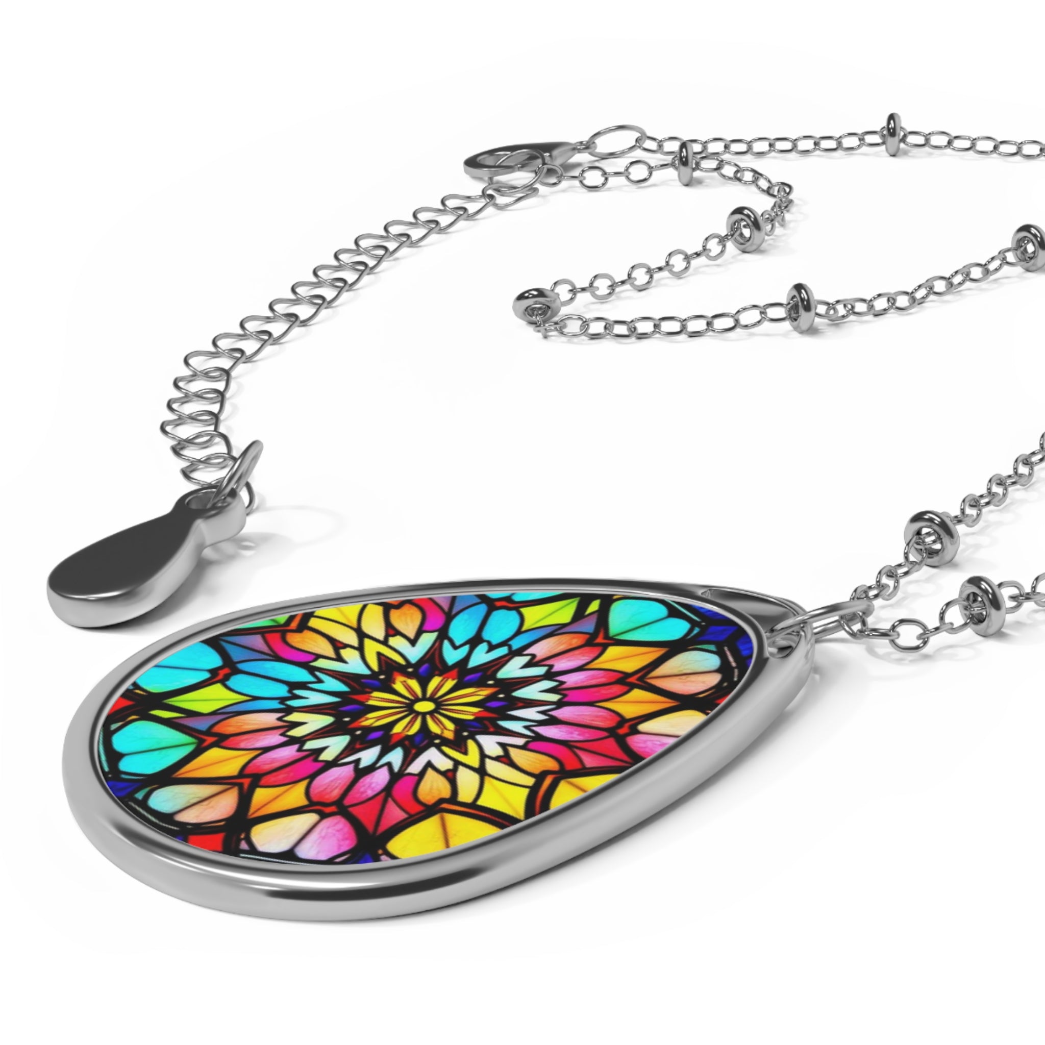 Stained Glass Mandala Teardrop Pendant Necklace