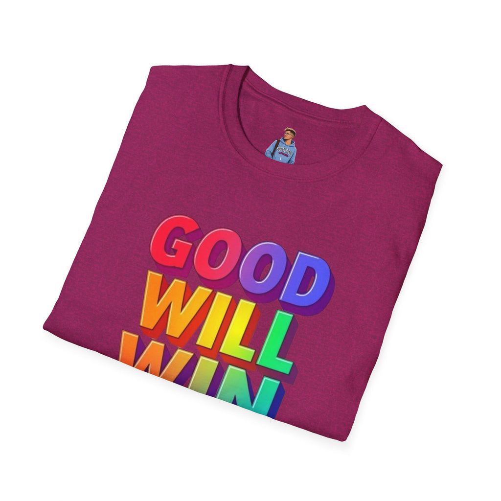 Camiseta unisex de estilo suave con mensaje positivo "Arcoíris, buena voluntad, triunfo"