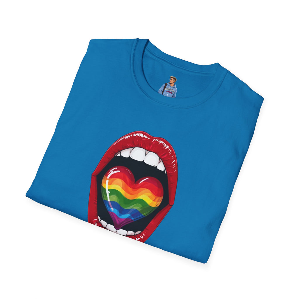 Pride Love Unisex Softstyle T-Shirt | LGBTQ+ Rainbow Heart Design