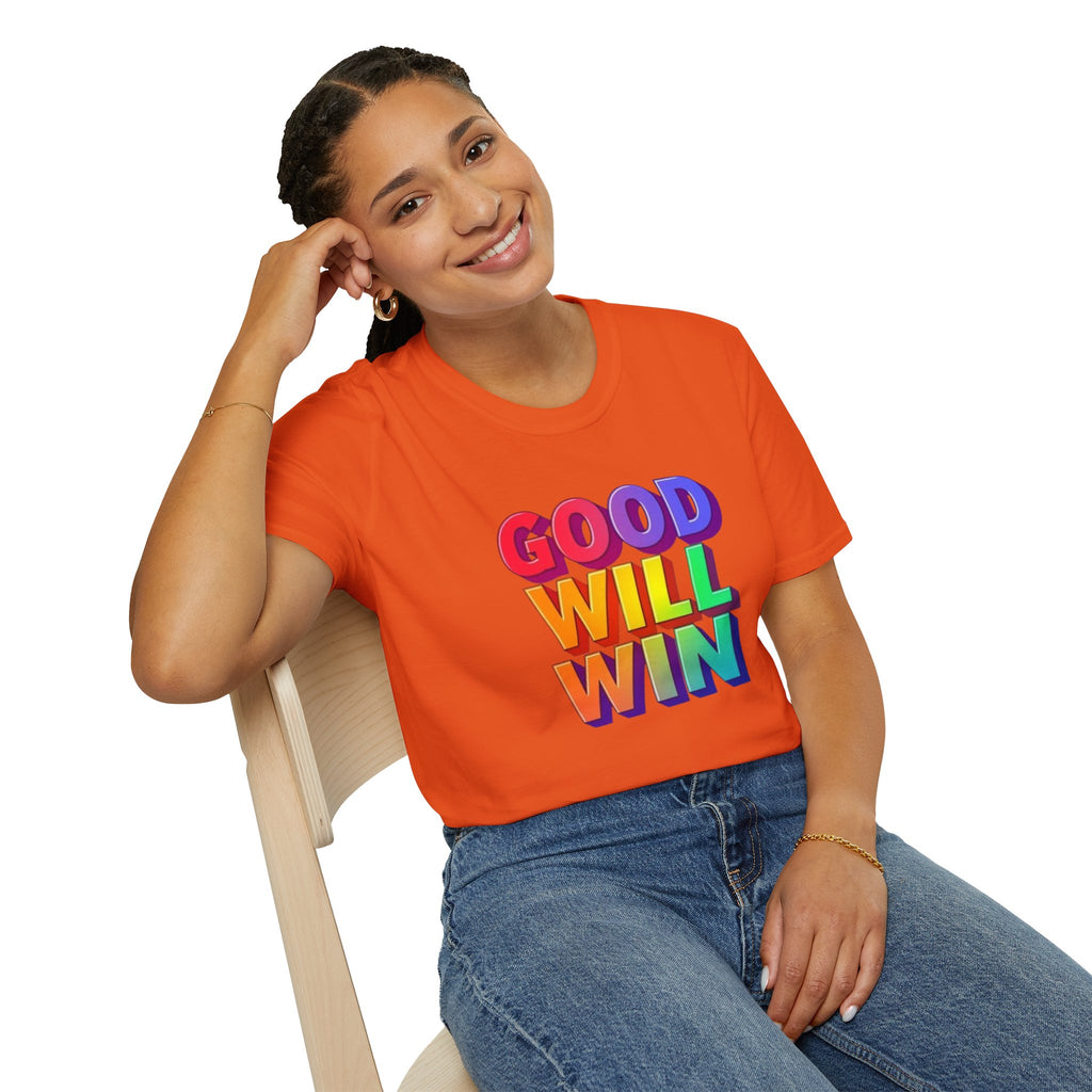 Camiseta unisex de estilo suave con mensaje positivo "Arcoíris, buena voluntad, triunfo"