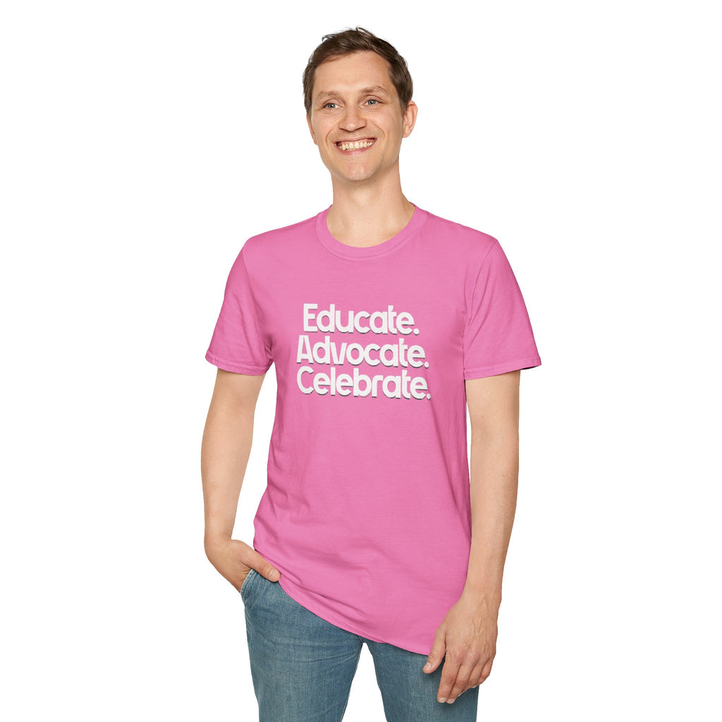Educate. Advocate. Celebrate. Minimalist Pride T-Shirt
