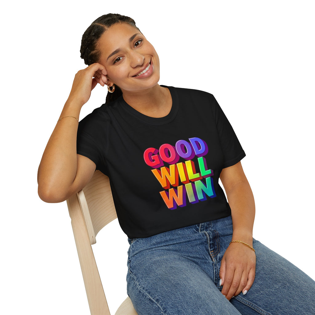 Camiseta unisex de estilo suave con mensaje positivo "Arcoíris, buena voluntad, triunfo"