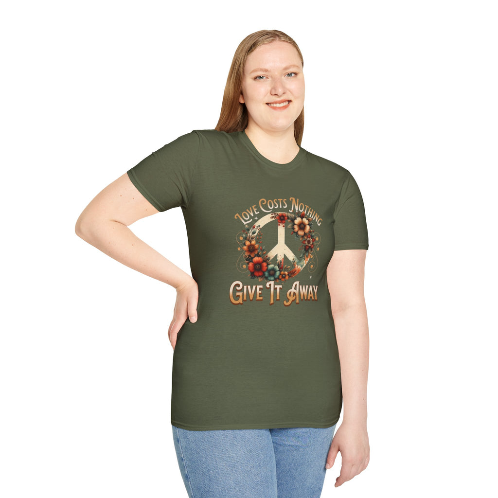 Unisex Softstyle T-Shirt - Love Costs Nothing, Give It Away Floral Peace Design