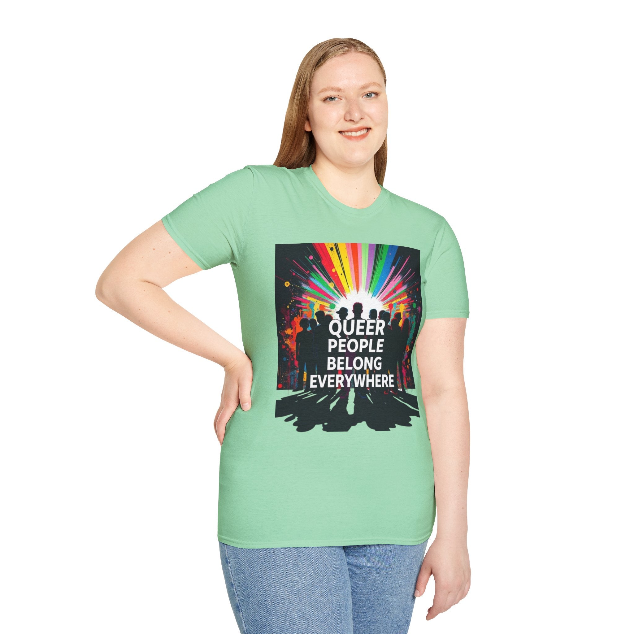 Unisex Softstyle T-Shirt - 'Queer People Belong Everywhere' Pride Graphic Tee