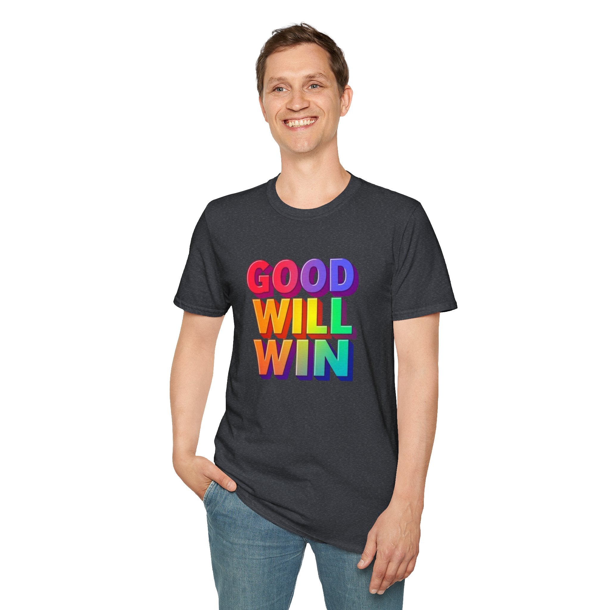 Camiseta unisex de estilo suave con mensaje positivo "Arcoíris, buena voluntad, triunfo"