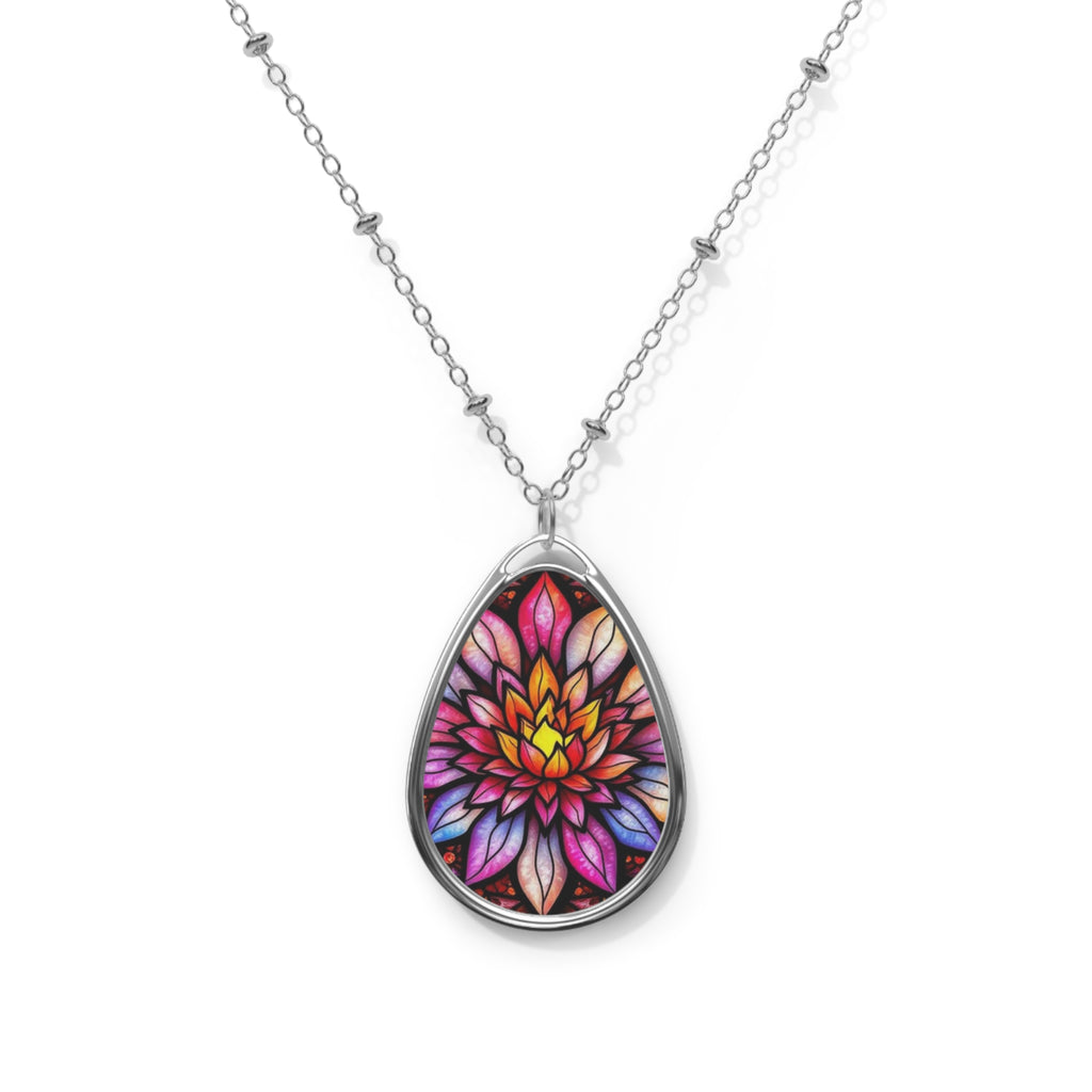Stained-Glass Water Lily Teardrop Pendant Necklace