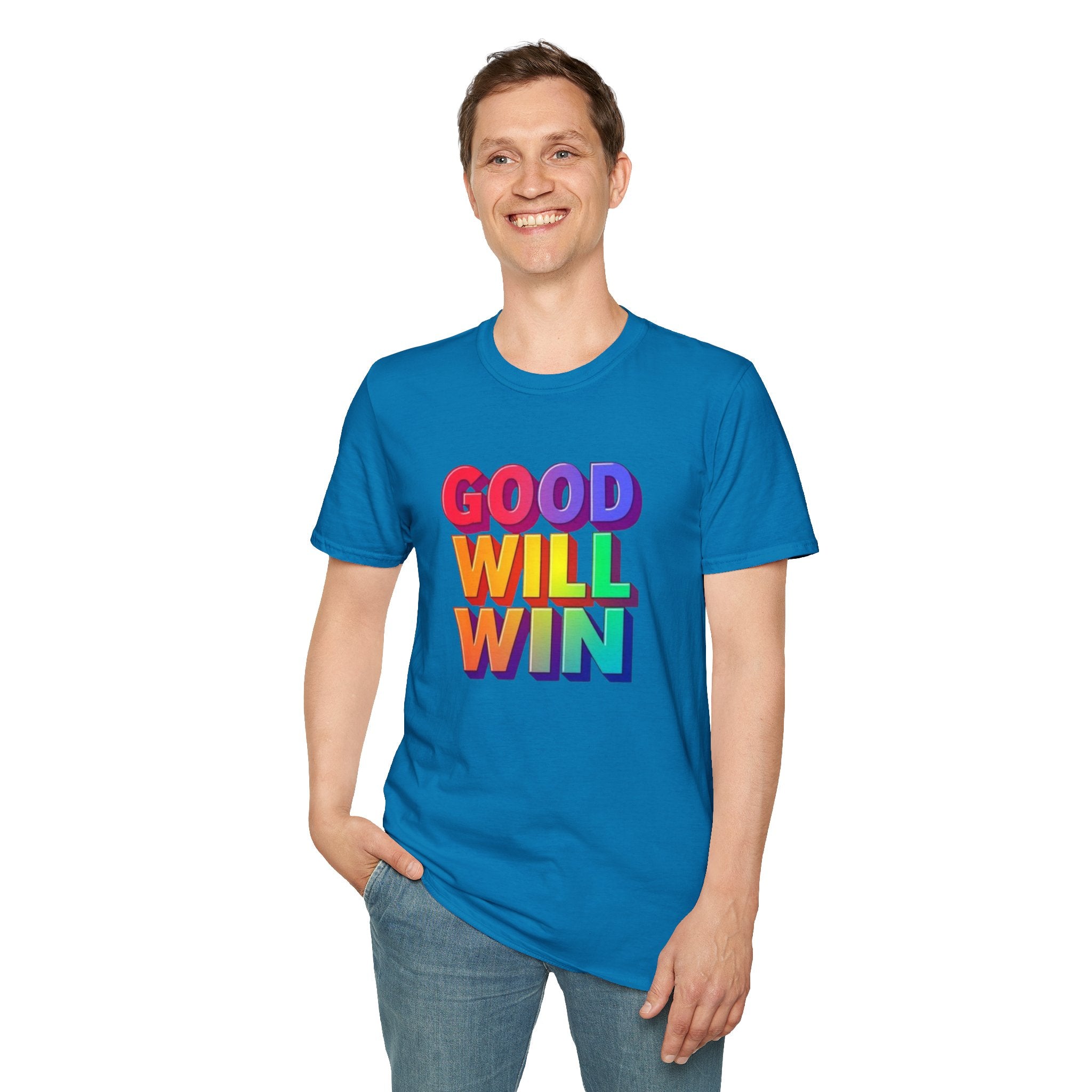 Camiseta unisex de estilo suave con mensaje positivo "Arcoíris, buena voluntad, triunfo"