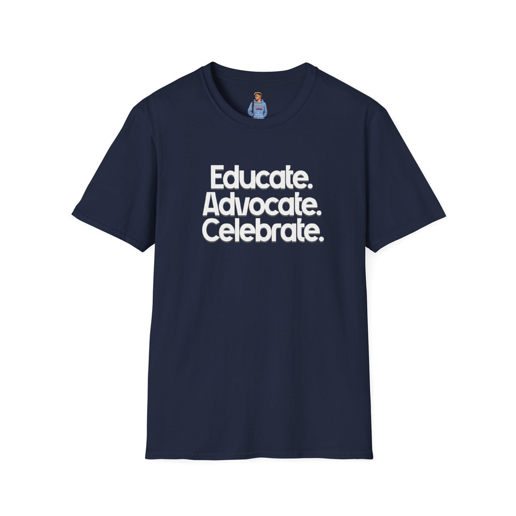 Educate. Advocate. Celebrate. Minimalist Pride T-Shirt