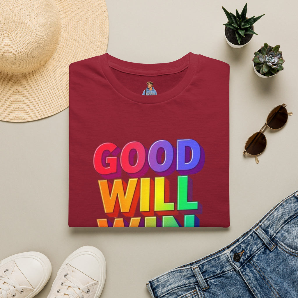 Camiseta unisex de estilo suave con mensaje positivo "Arcoíris, buena voluntad, triunfo"