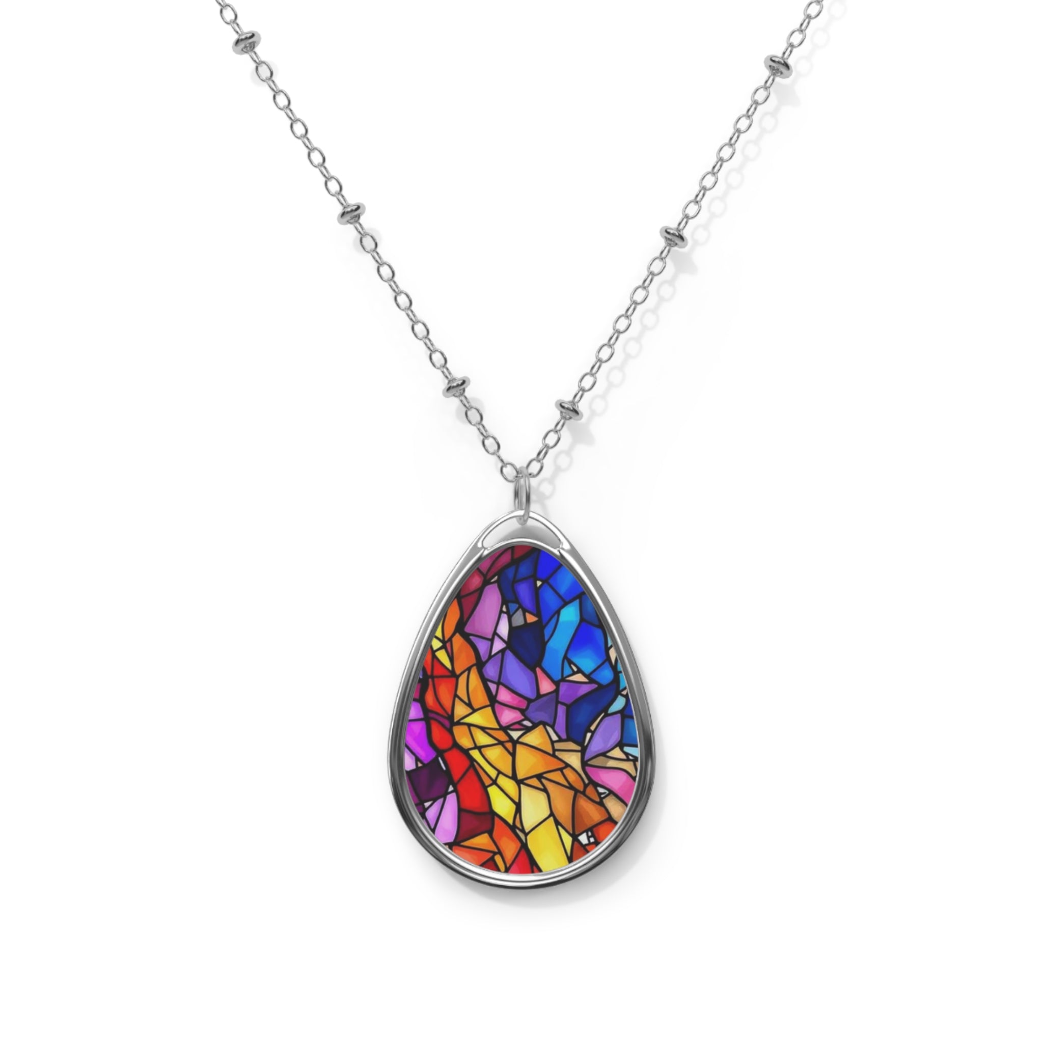 Stained Glass Mosaic Teardrop Pendant Necklace