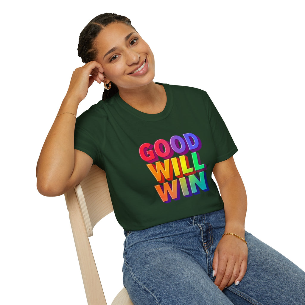 Camiseta unisex de estilo suave con mensaje positivo "Arcoíris, buena voluntad, triunfo"
