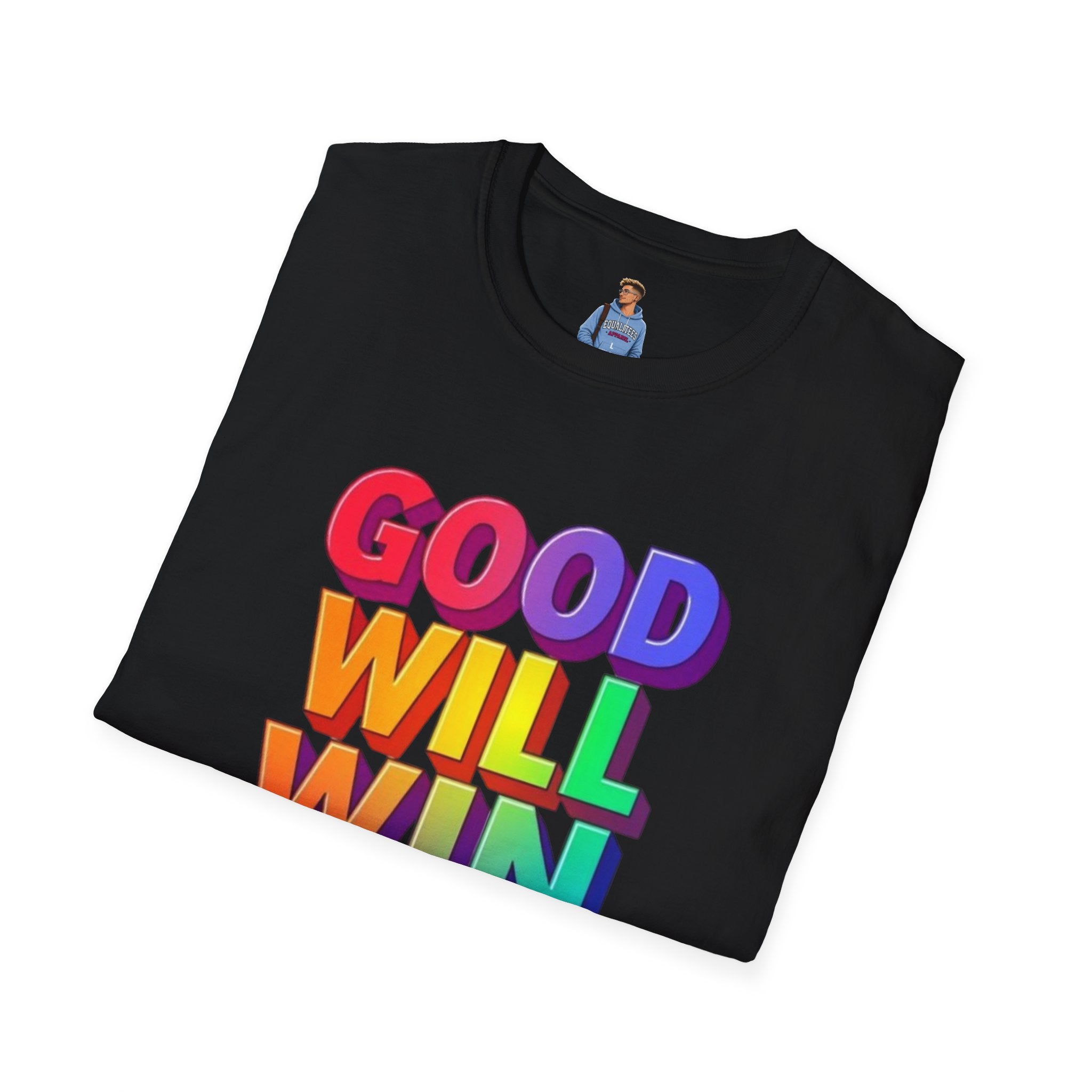 Camiseta unisex de estilo suave con mensaje positivo "Arcoíris, buena voluntad, triunfo"