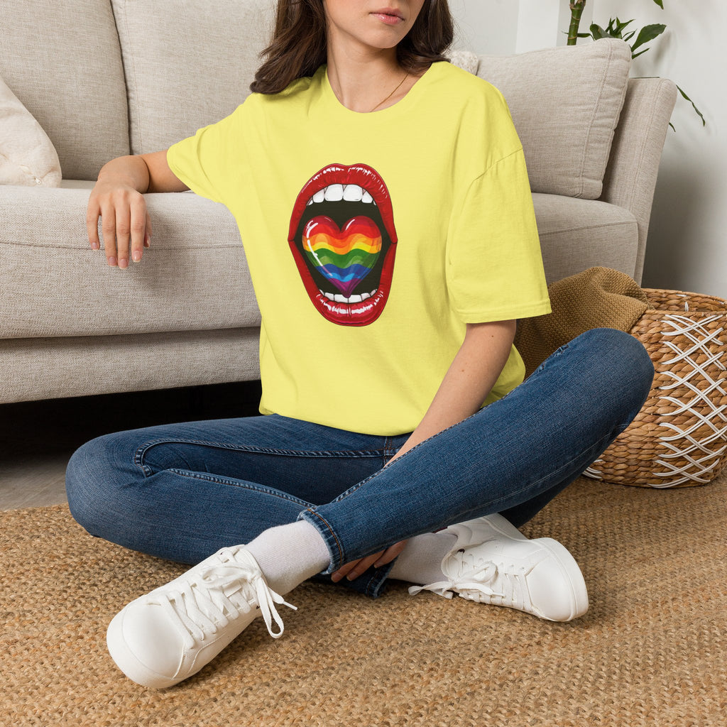 Pride Love Unisex Softstyle T-Shirt | LGBTQ+ Rainbow Heart Design