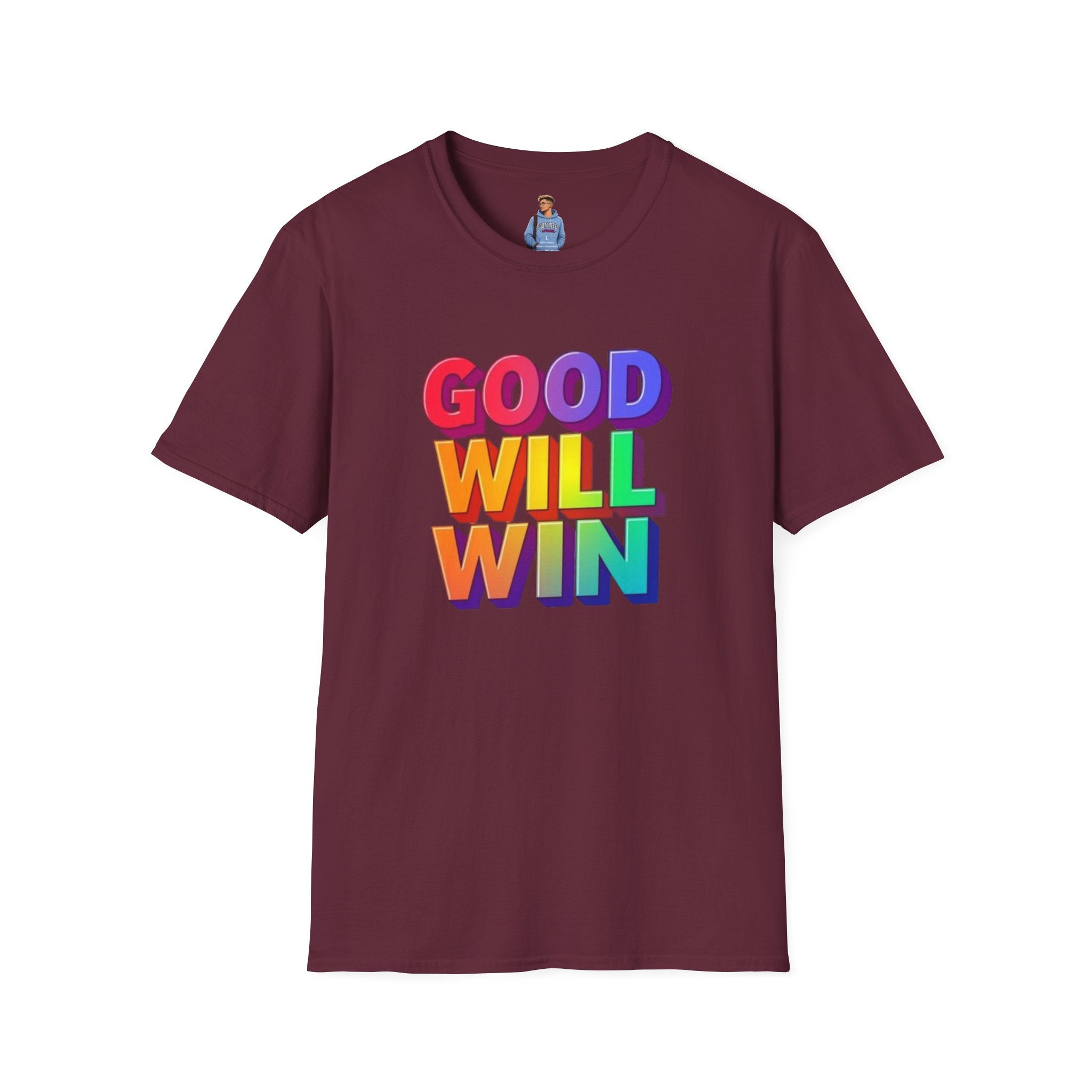 Camiseta unisex de estilo suave con mensaje positivo "Arcoíris, buena voluntad, triunfo"
