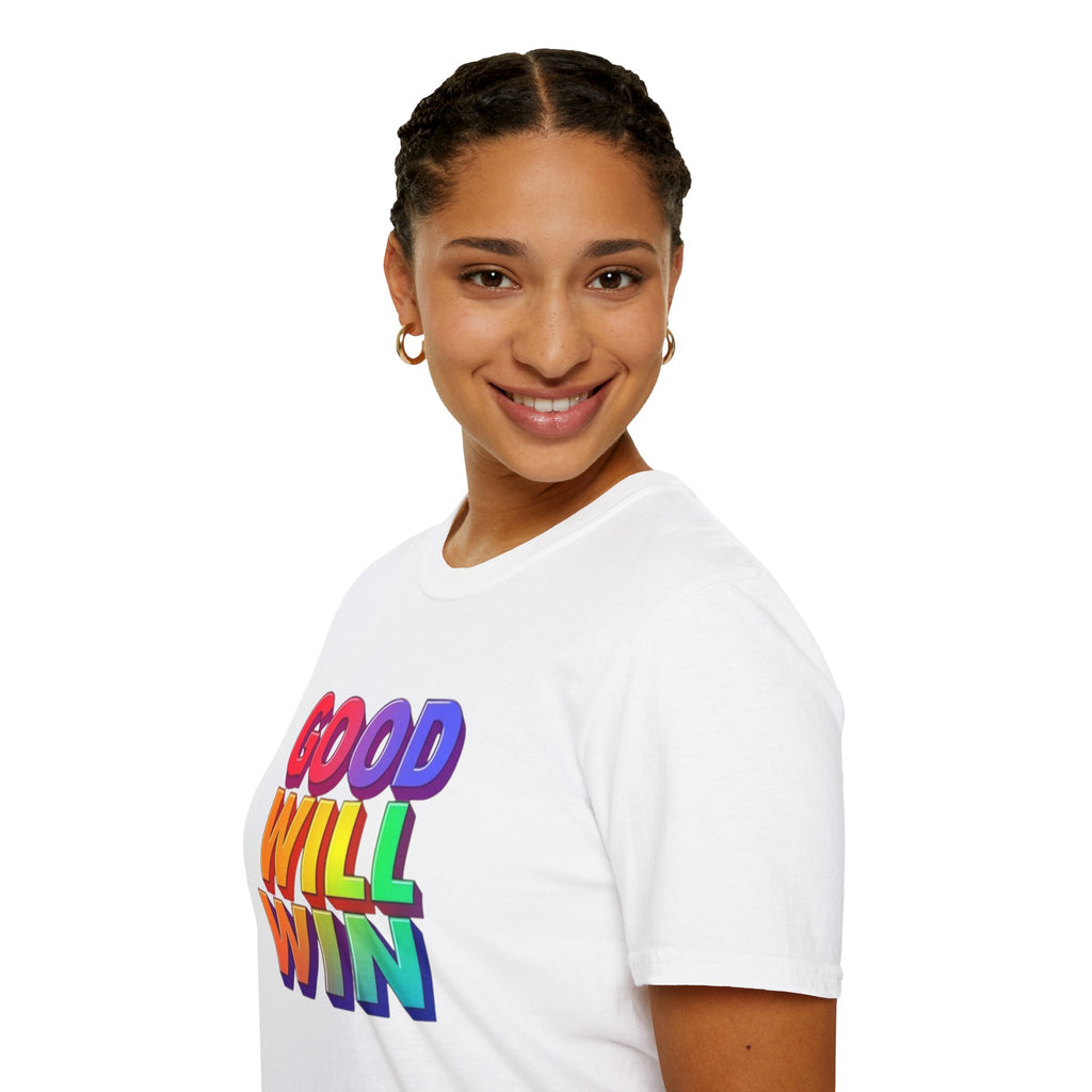 Camiseta unisex de estilo suave con mensaje positivo "Arcoíris, buena voluntad, triunfo"