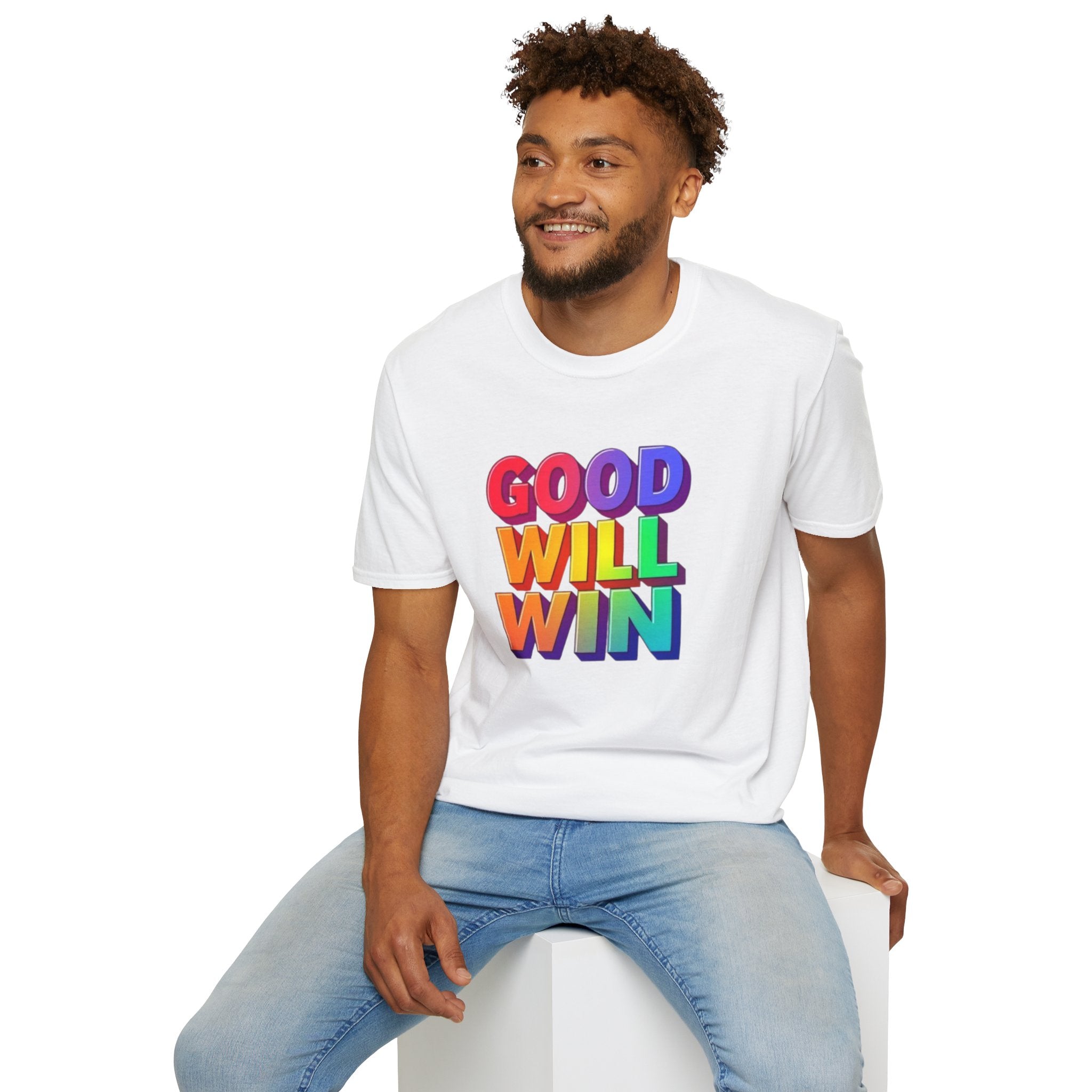Camiseta unisex de estilo suave con mensaje positivo "Arcoíris, buena voluntad, triunfo"