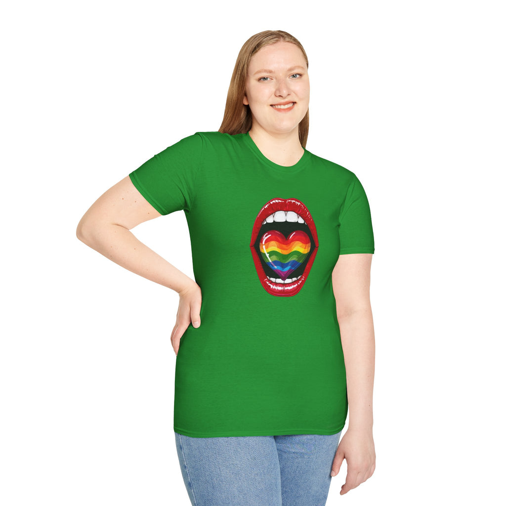 Pride Love Unisex Softstyle T-Shirt | LGBTQ+ Rainbow Heart Design