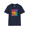 Camiseta unisex de estilo suave con mensaje positivo "Arcoíris, buena voluntad, triunfo"