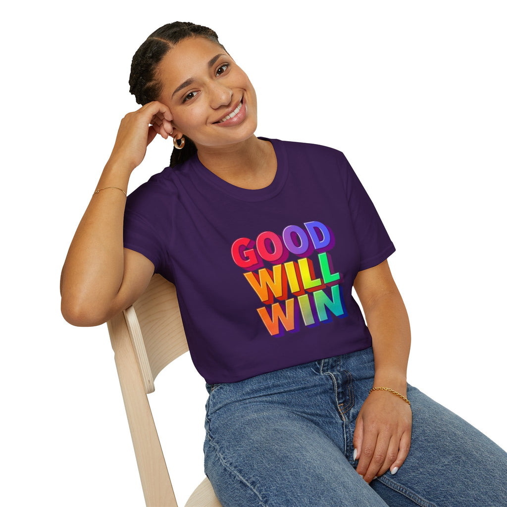 Camiseta unisex de estilo suave con mensaje positivo "Arcoíris, buena voluntad, triunfo"