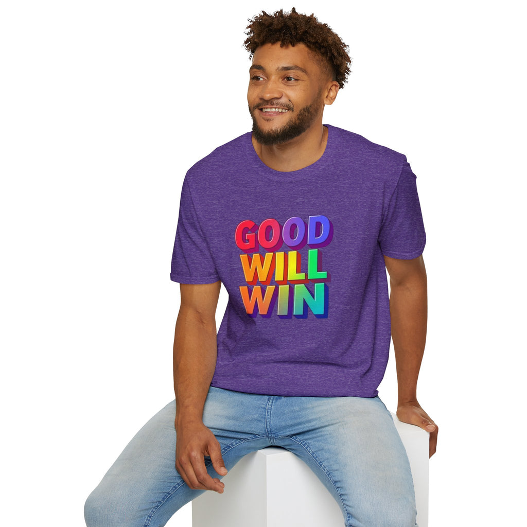 Camiseta unisex de estilo suave con mensaje positivo "Arcoíris, buena voluntad, triunfo"