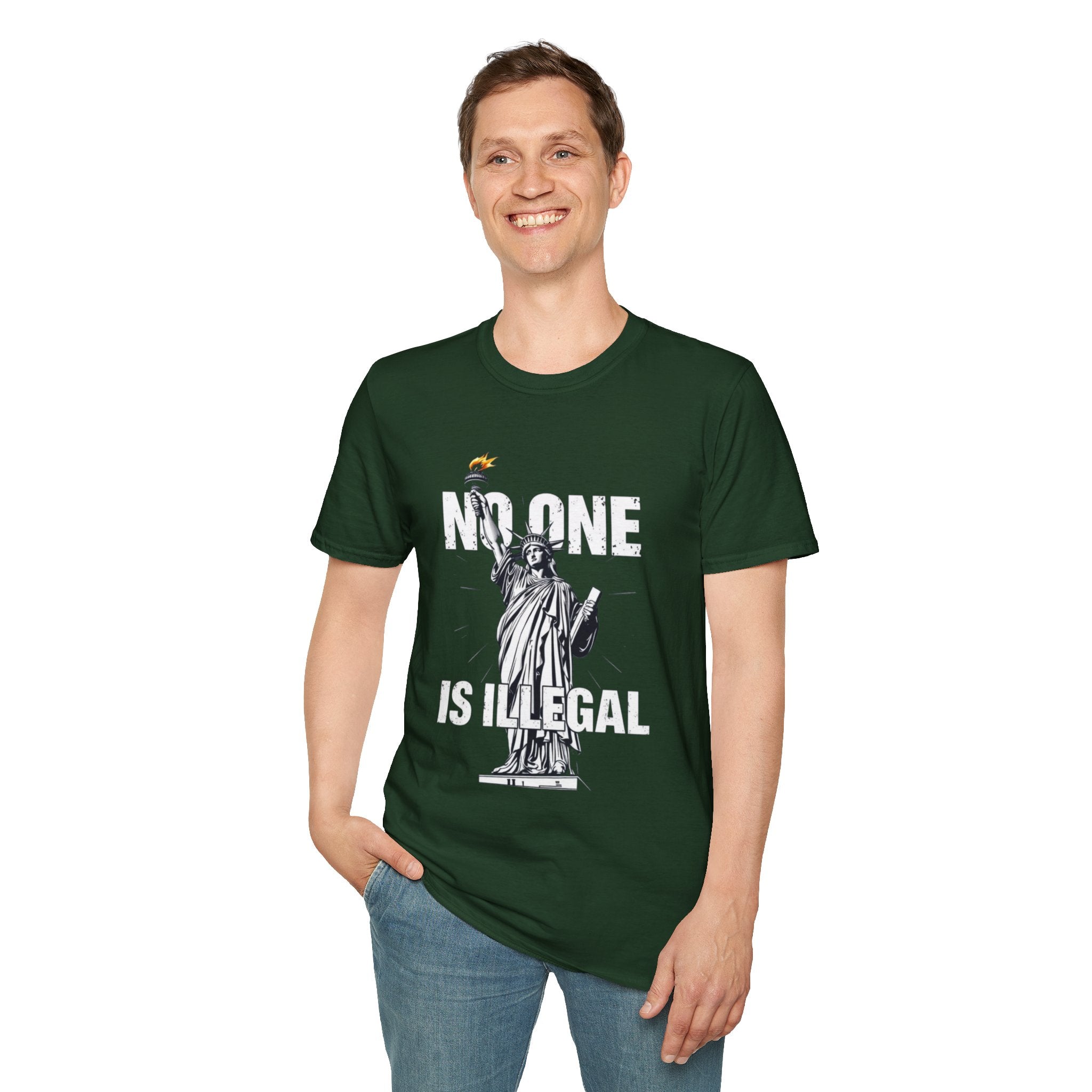 Camiseta unisex de estilo suave: camiseta gráfica con el lema "Nadie es ilegal" para defensores de la justicia social