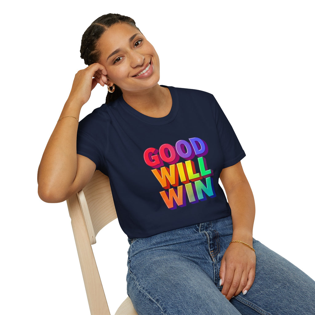 Camiseta unisex de estilo suave con mensaje positivo "Arcoíris, buena voluntad, triunfo"
