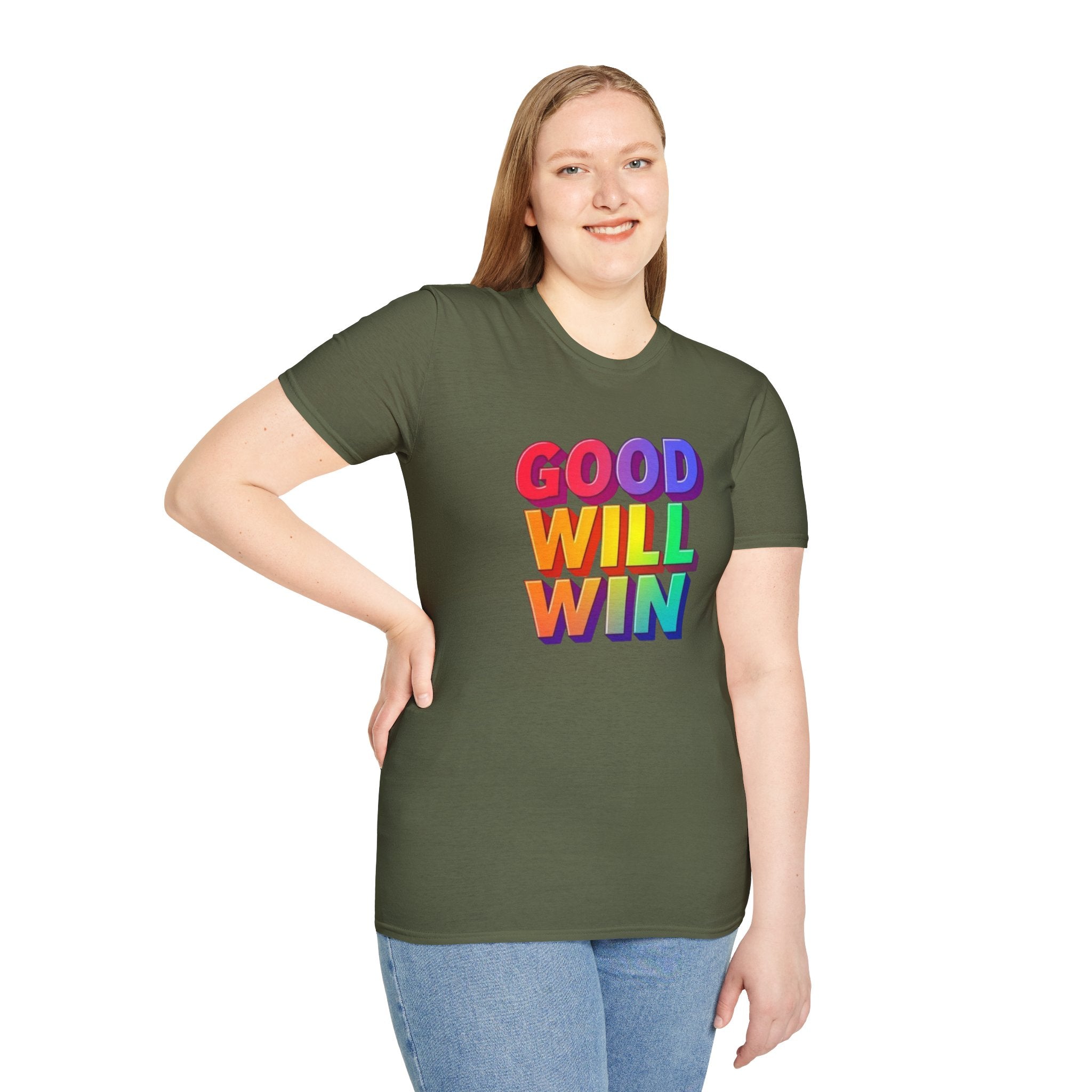 Camiseta unisex de estilo suave con mensaje positivo "Arcoíris, buena voluntad, triunfo"