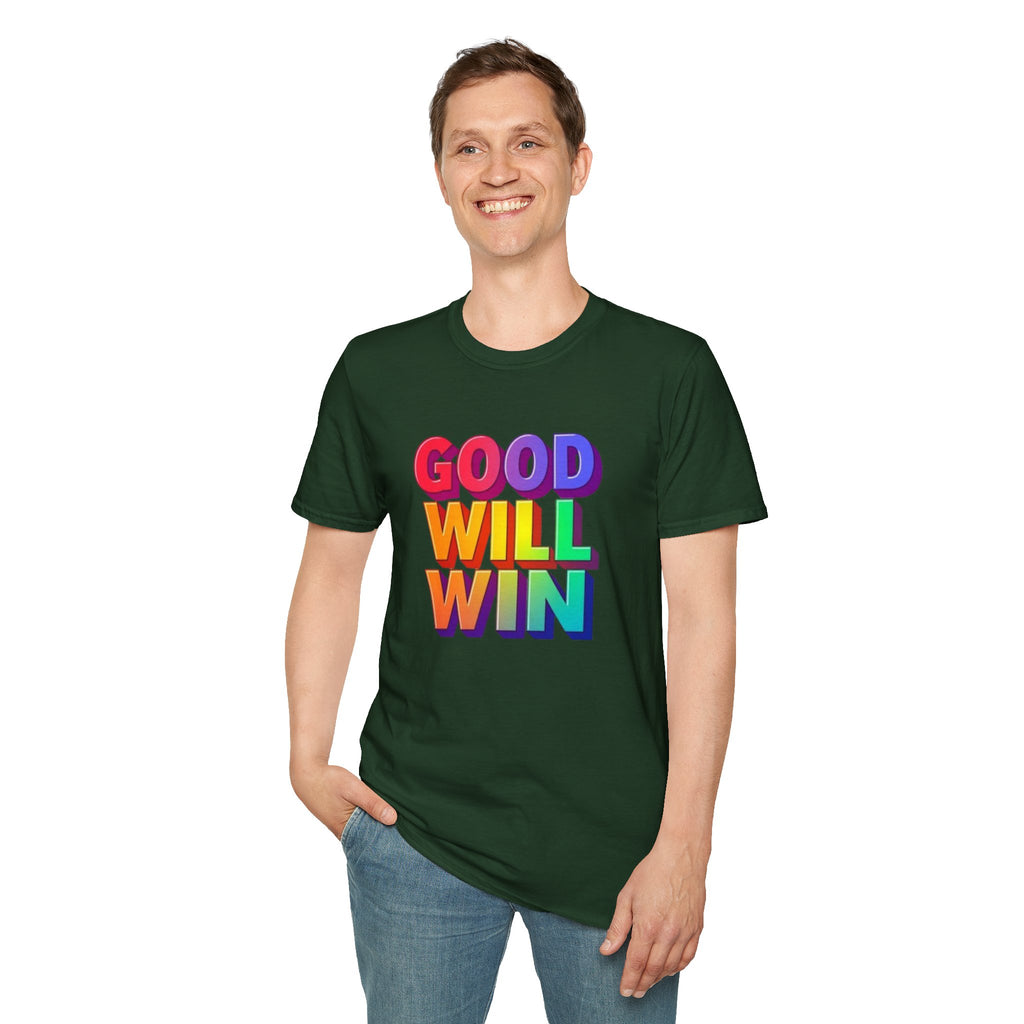 Camiseta unisex de estilo suave con mensaje positivo "Arcoíris, buena voluntad, triunfo"