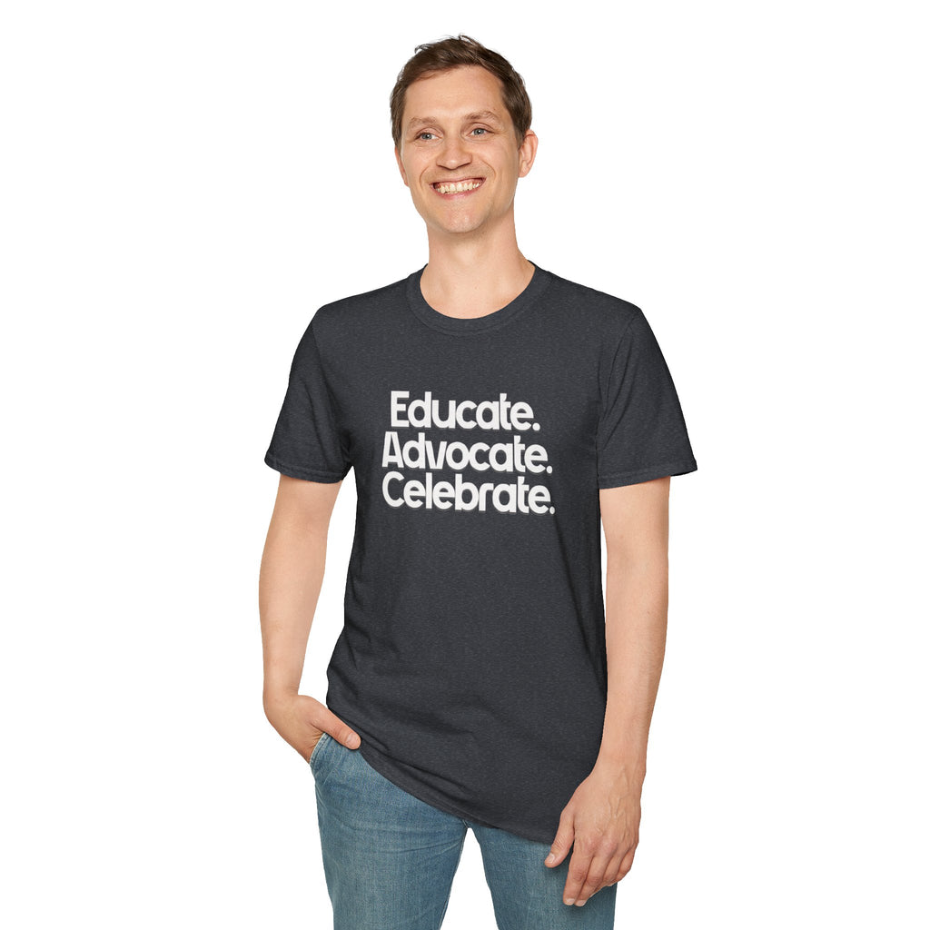 Educate. Advocate. Celebrate. Minimalist Pride T-Shirt
